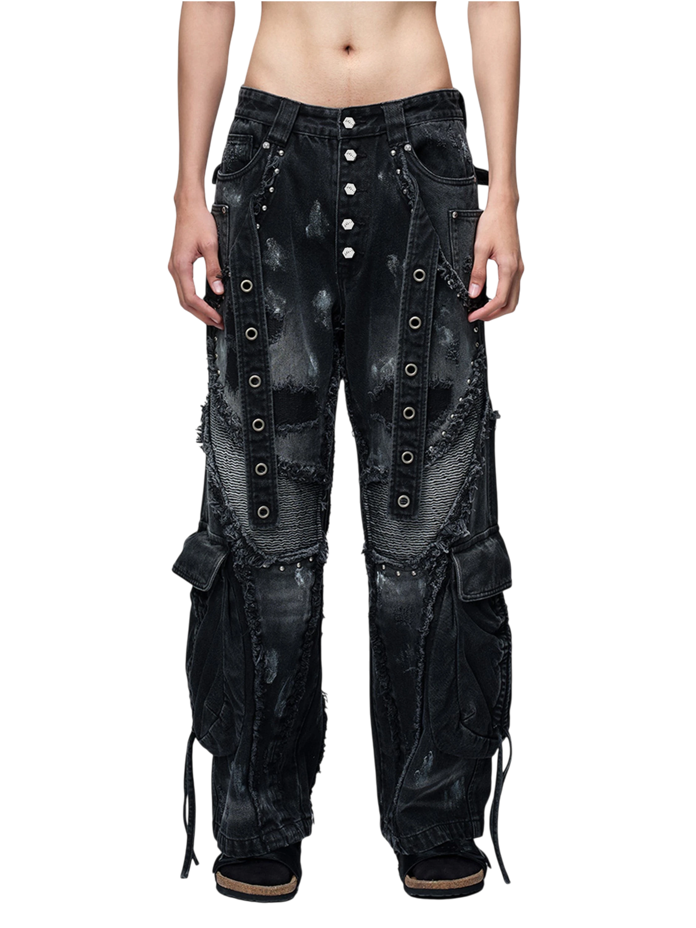 TBHNP Luminous Dawn rivet ribbon baggy jeans, black — men's streetwear denim