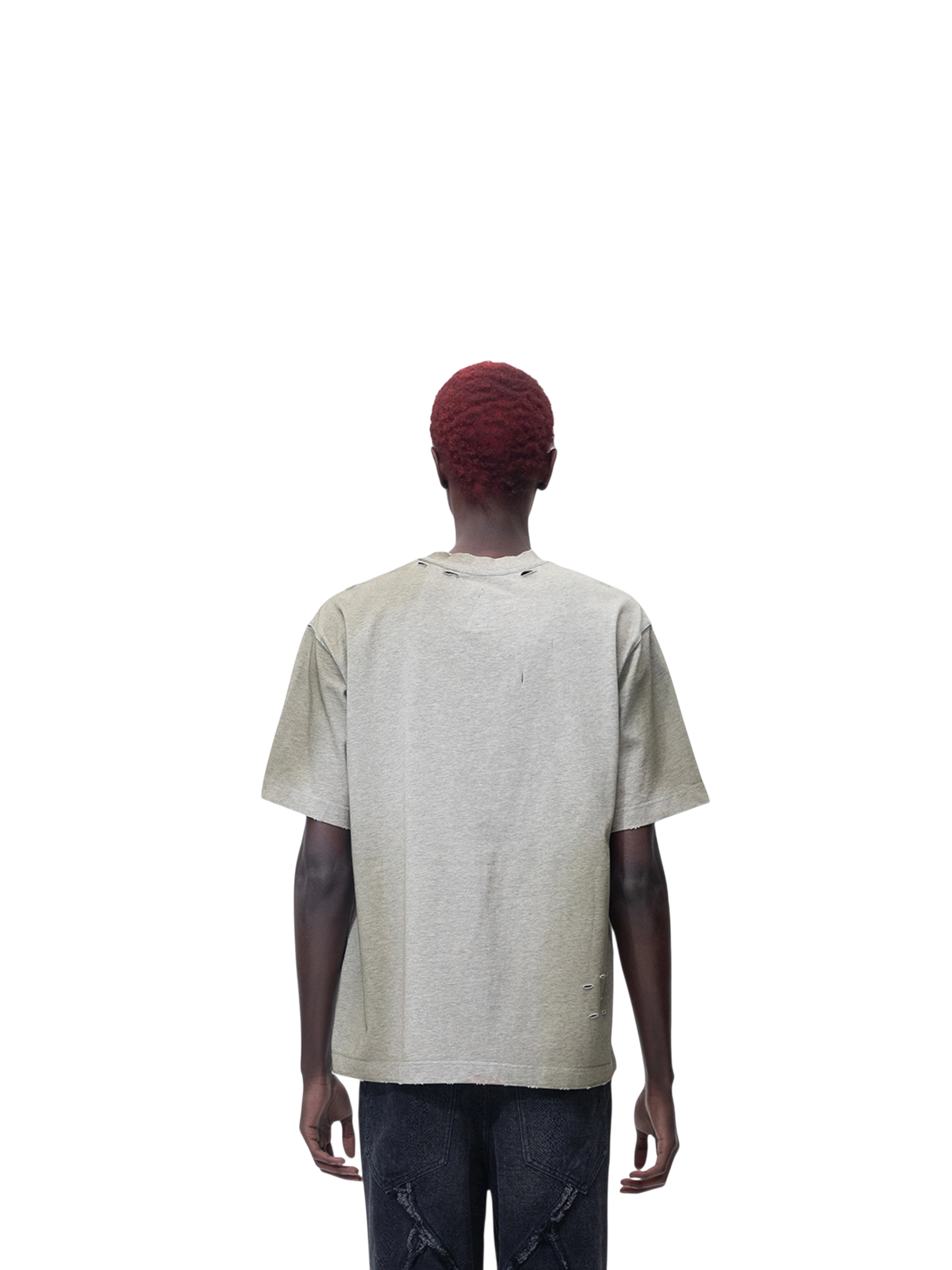 Model in TBHNP floral-grey arrival short-sleeve tee, front view — men's streetwear tee