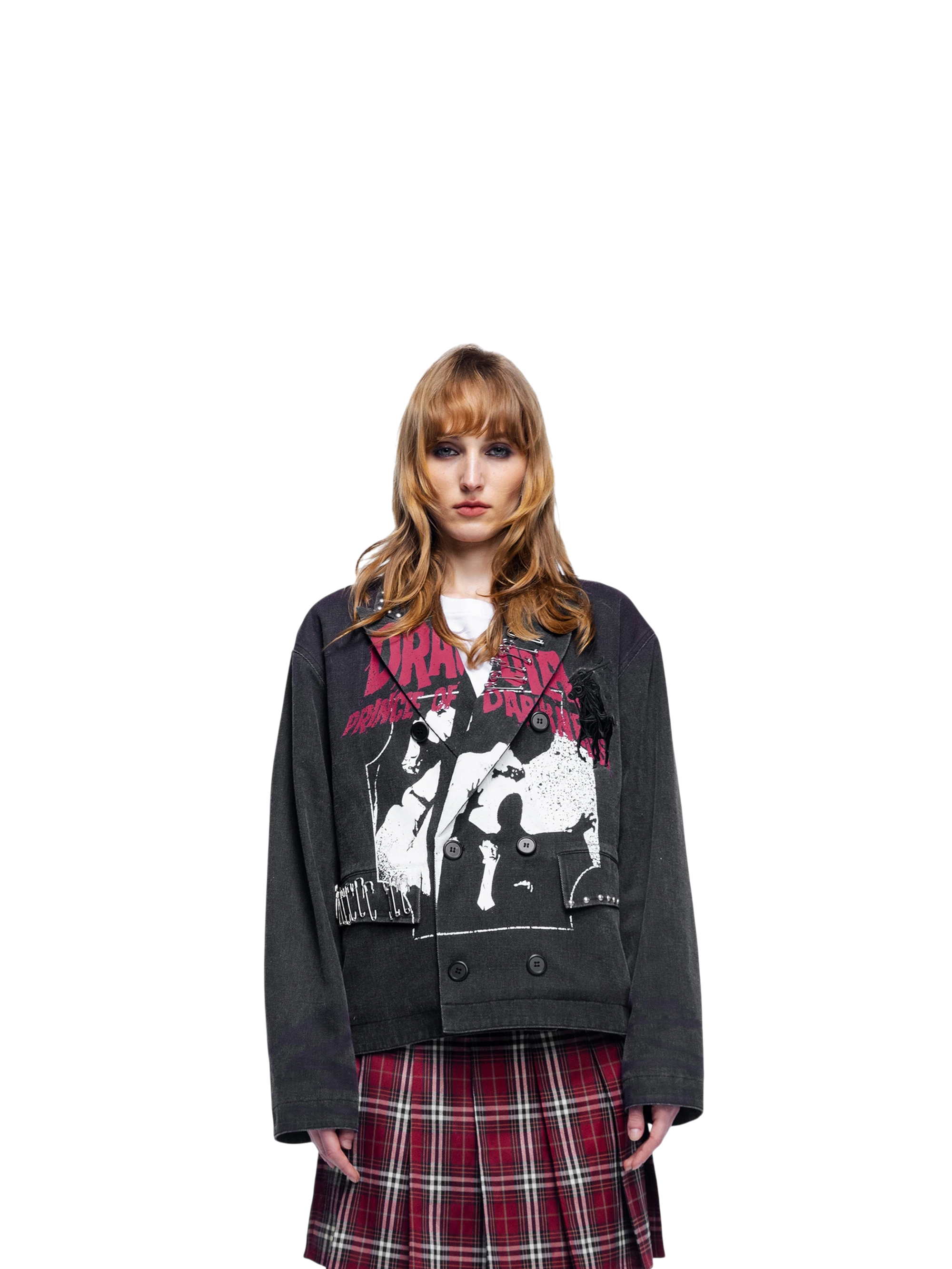 Female model wearing TBHNP black spray-painted graphic blazer, front — men's streetwear