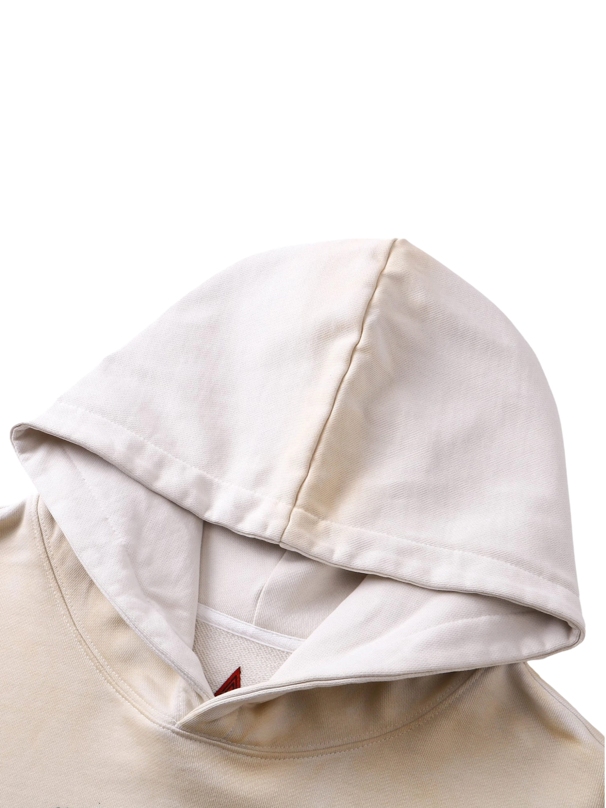 Close-up of the hood on TBHNP grayish-yellow knight hoodie — men's streetwear detail