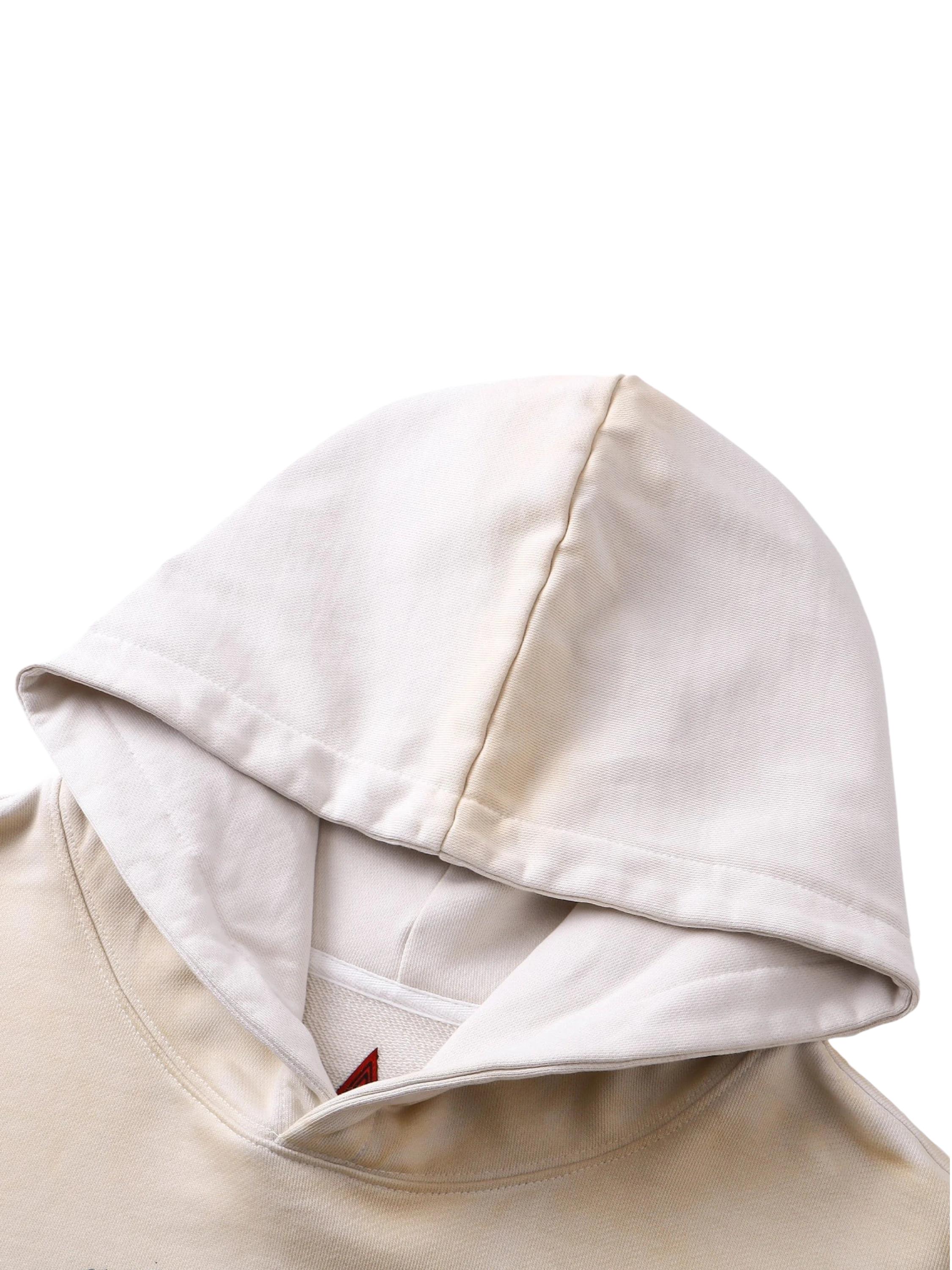 Close-up of the hood on TBHNP grayish-yellow knight hoodie — men's streetwear detail