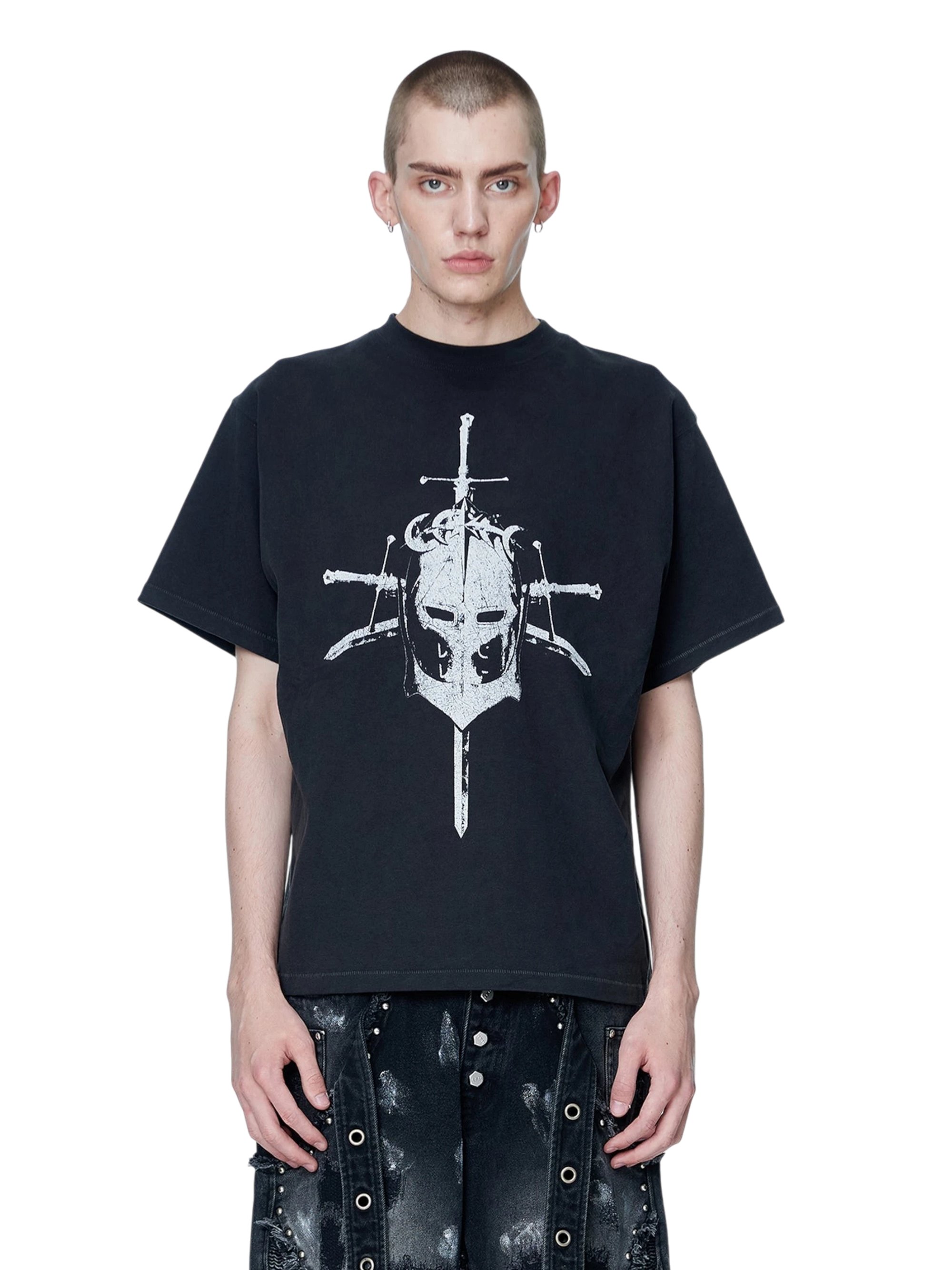 Model wearing TBHNP dark grey Knight & Sword tee, front — men's streetwear tee