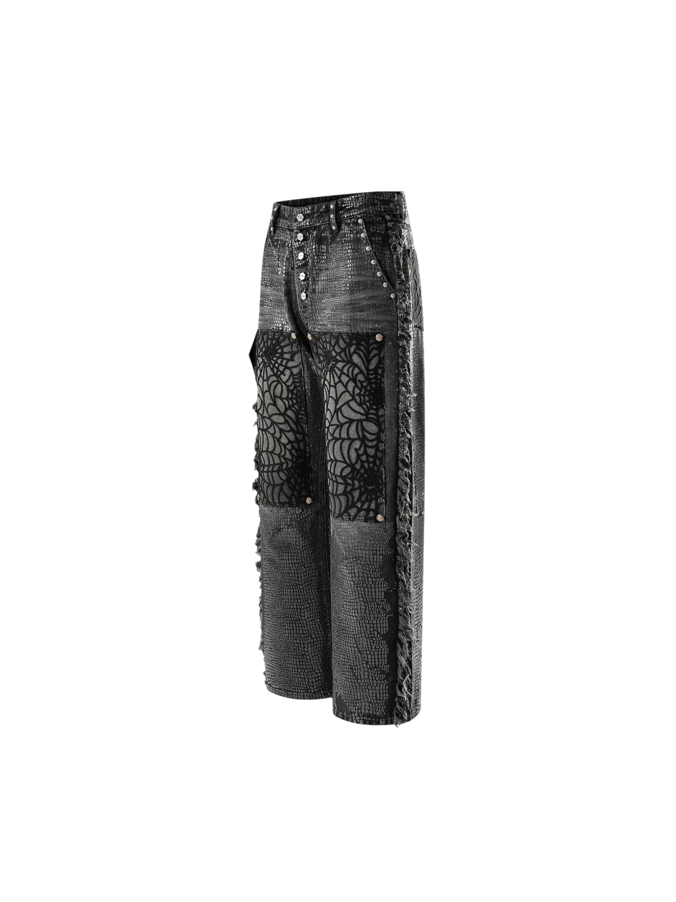 TBHNP Luminous Dawn cobweb fringed baggy jeans — men's streetwear denim