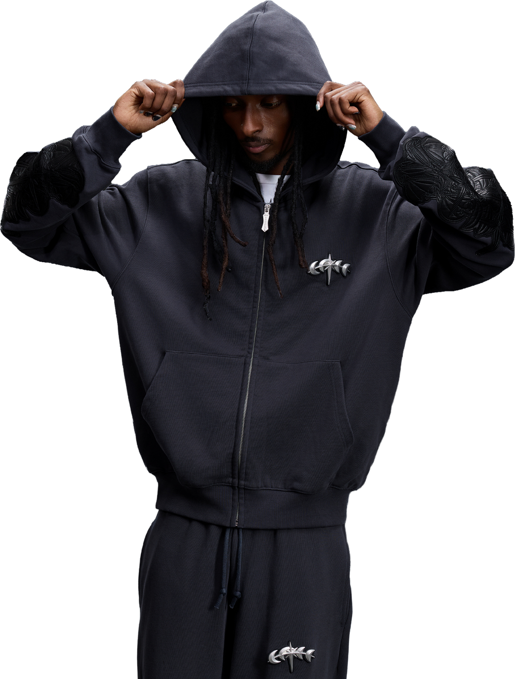 LEATHER PATCH ZIP HOODIE
