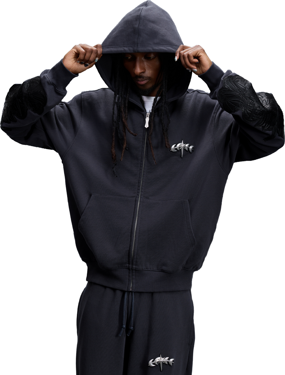 LEATHER PATCH ZIP HOODIE
