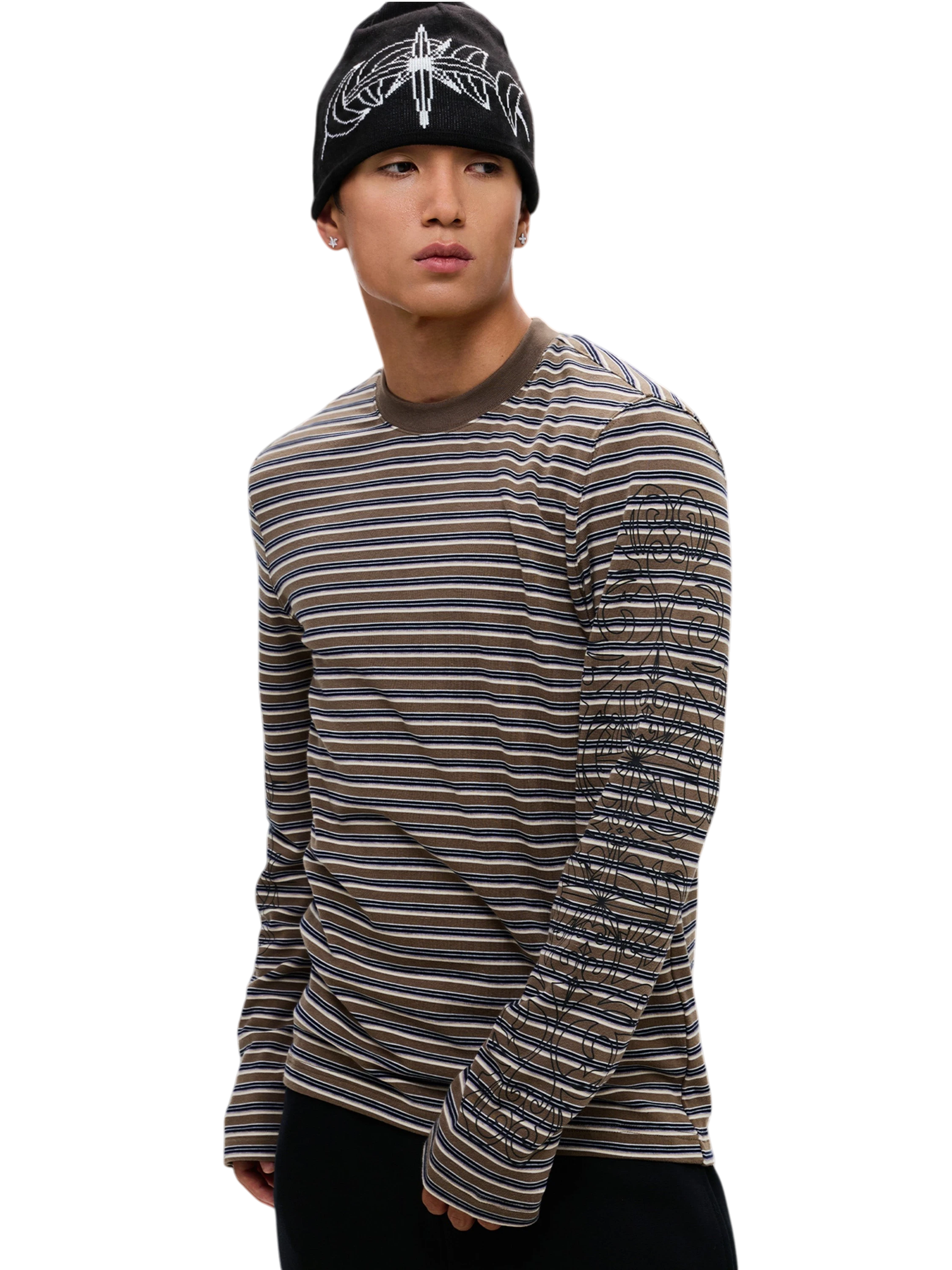 Luminous Dawn striped long-sleeve tee in Black, rear view