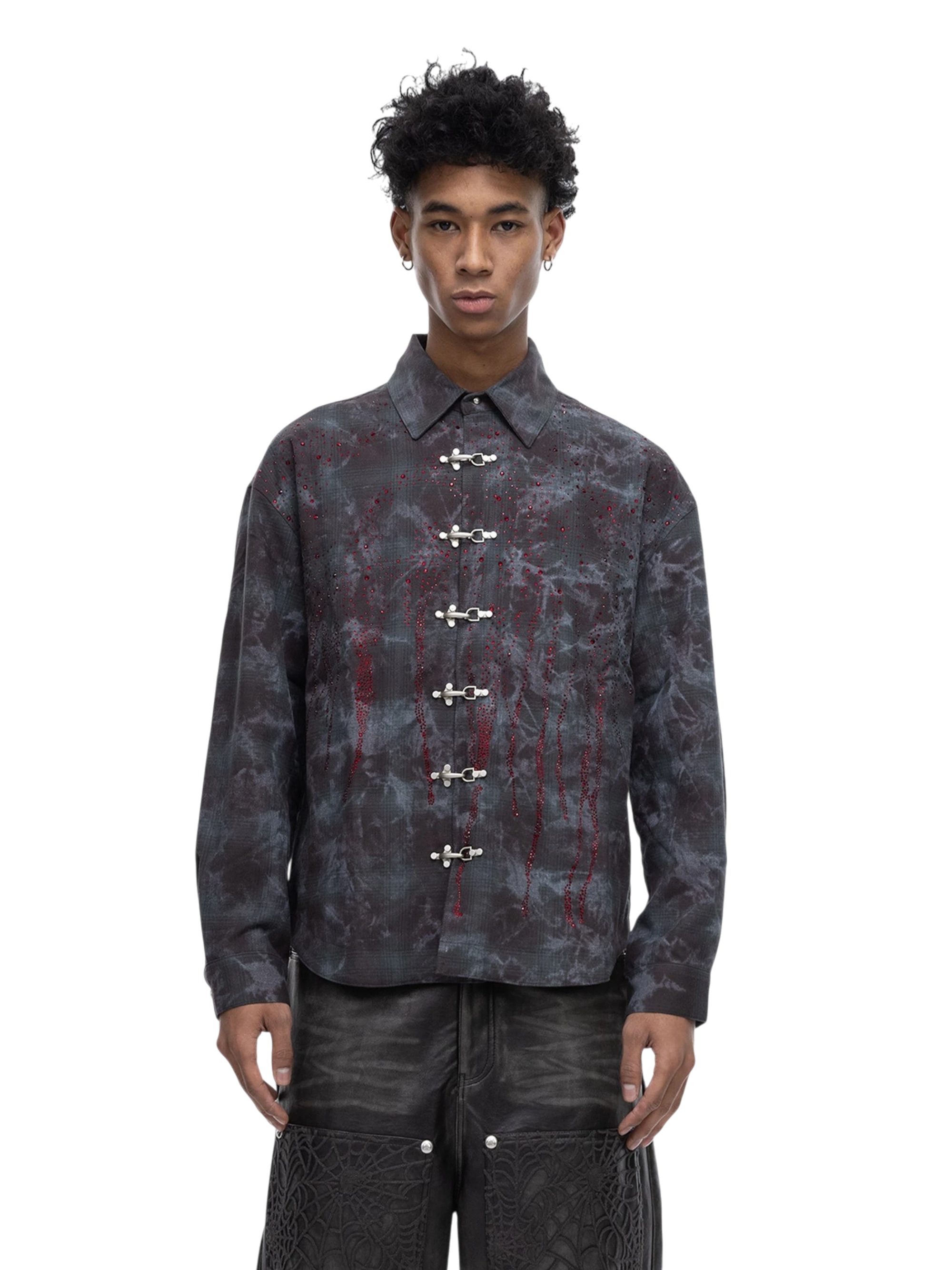 TBHNP Eclipse of the Blood Moon rhinestone buckle plaid flannel shirt — men's gothic streetwear button-up