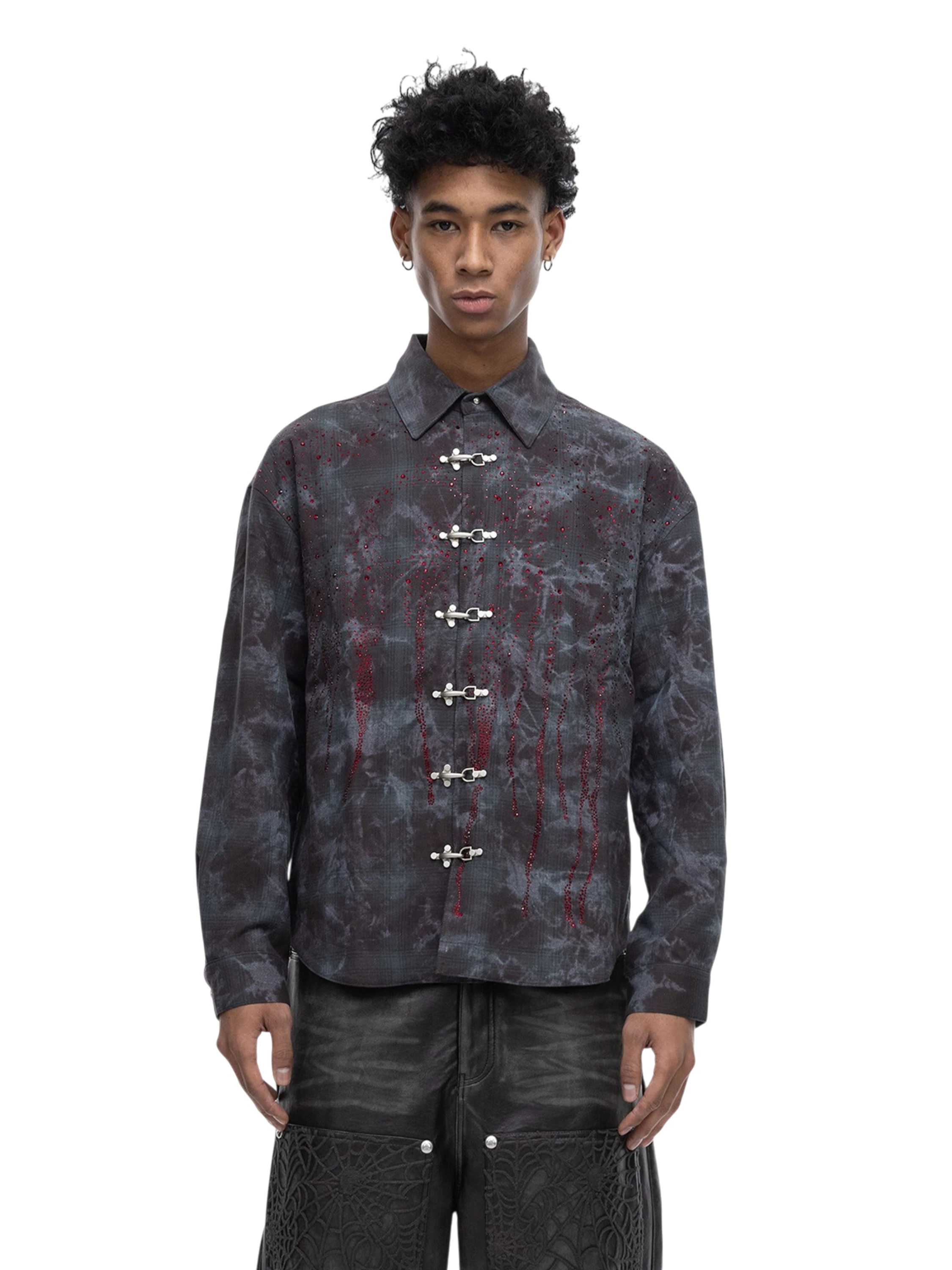 TBHNP Eclipse of the Blood Moon rhinestone buckle plaid flannel shirt — men's gothic streetwear button-up
