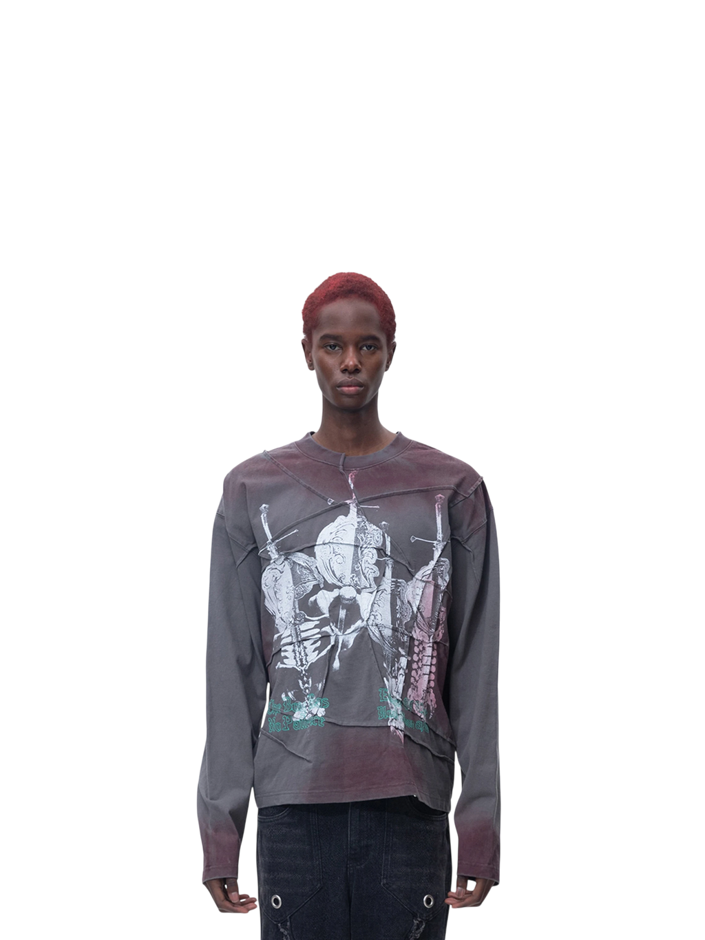 Model wearing TBHNP black sword-and-bone long-sleeve tee, front — men's streetwear tee