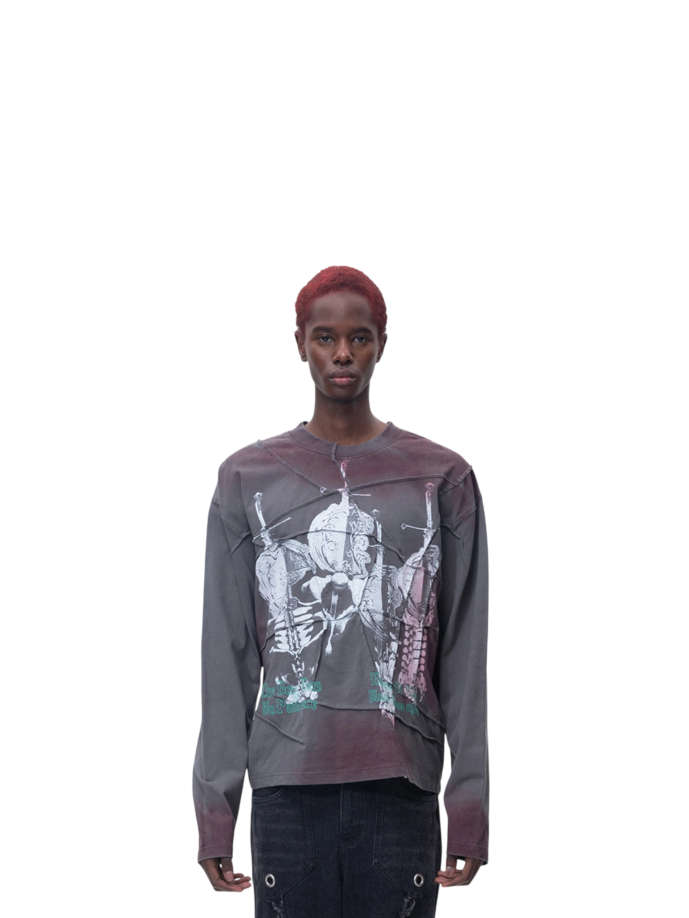 Model wearing TBHNP black sword-and-bone long-sleeve tee, front — men's streetwear tee