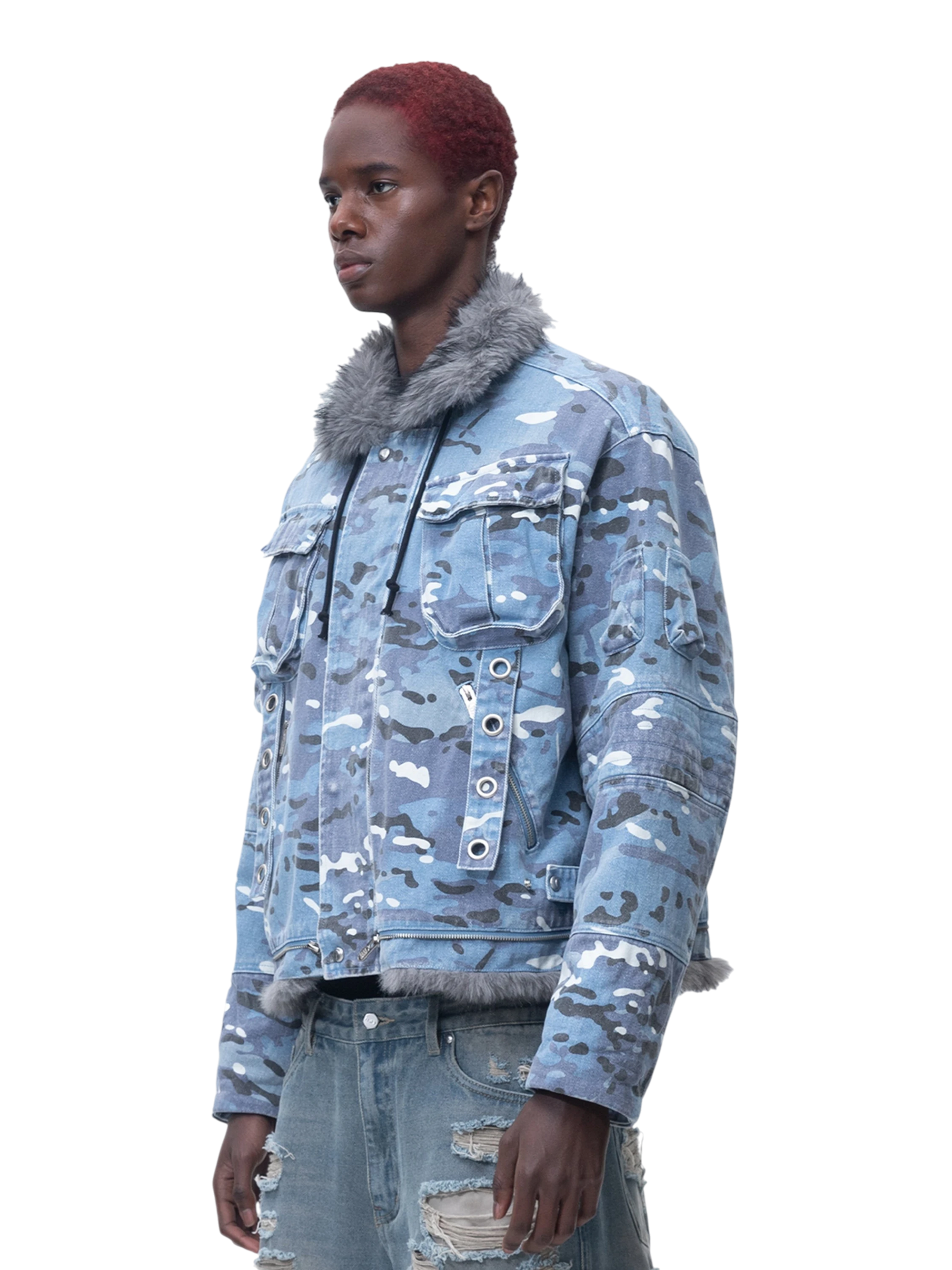TBHNP Eclipse of the Blood Moon blue camo padded fur-collar jacket — men's streetwear jacket