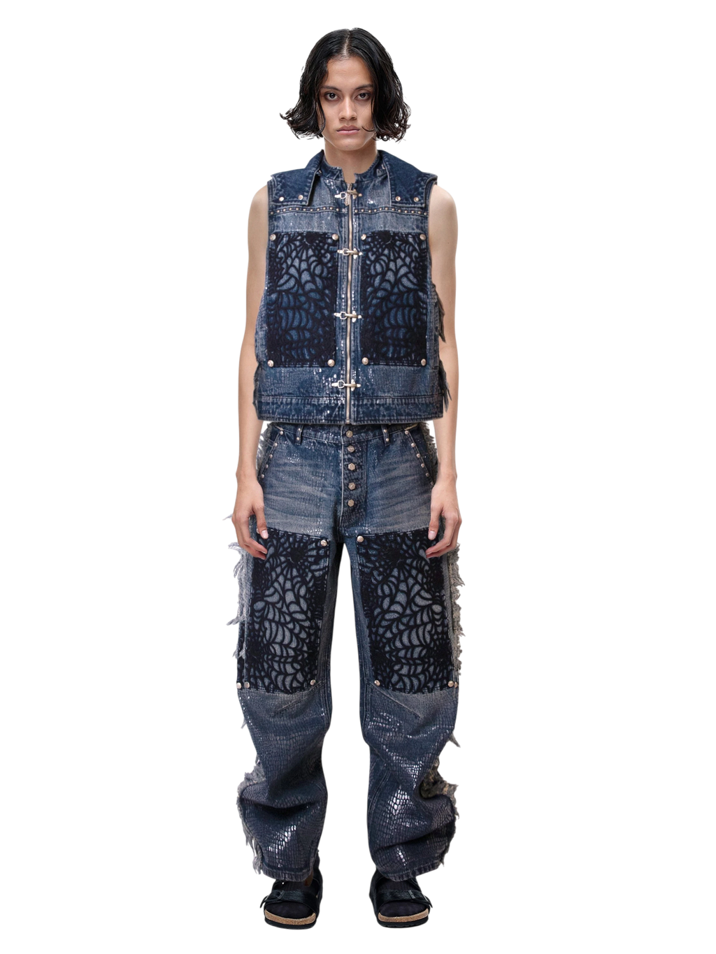 TBHNP Luminous Dawn cobweb distressed denim vest — men's streetwear vest
