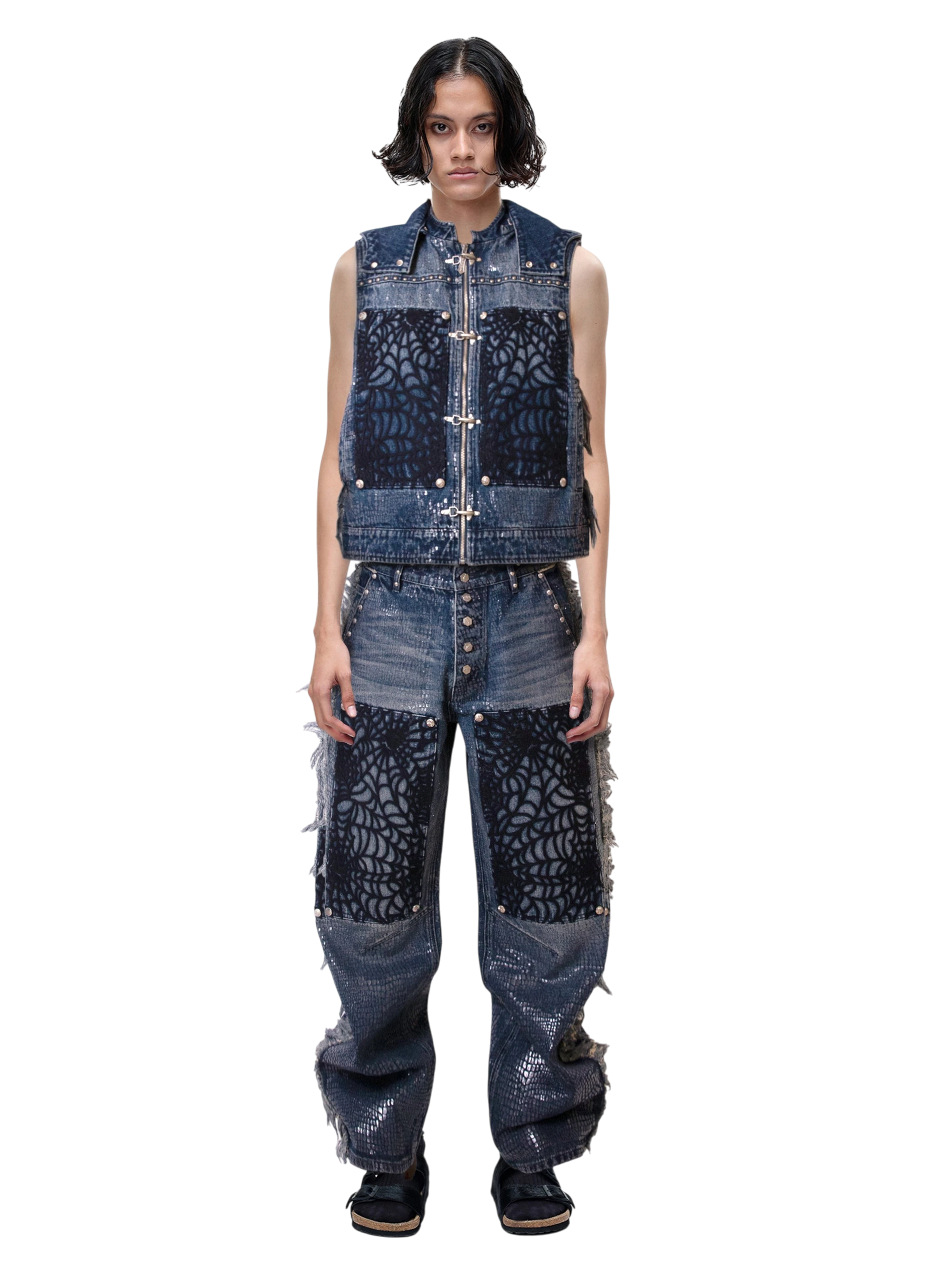 TBHNP Luminous Dawn cobweb distressed denim vest — men's streetwear vest