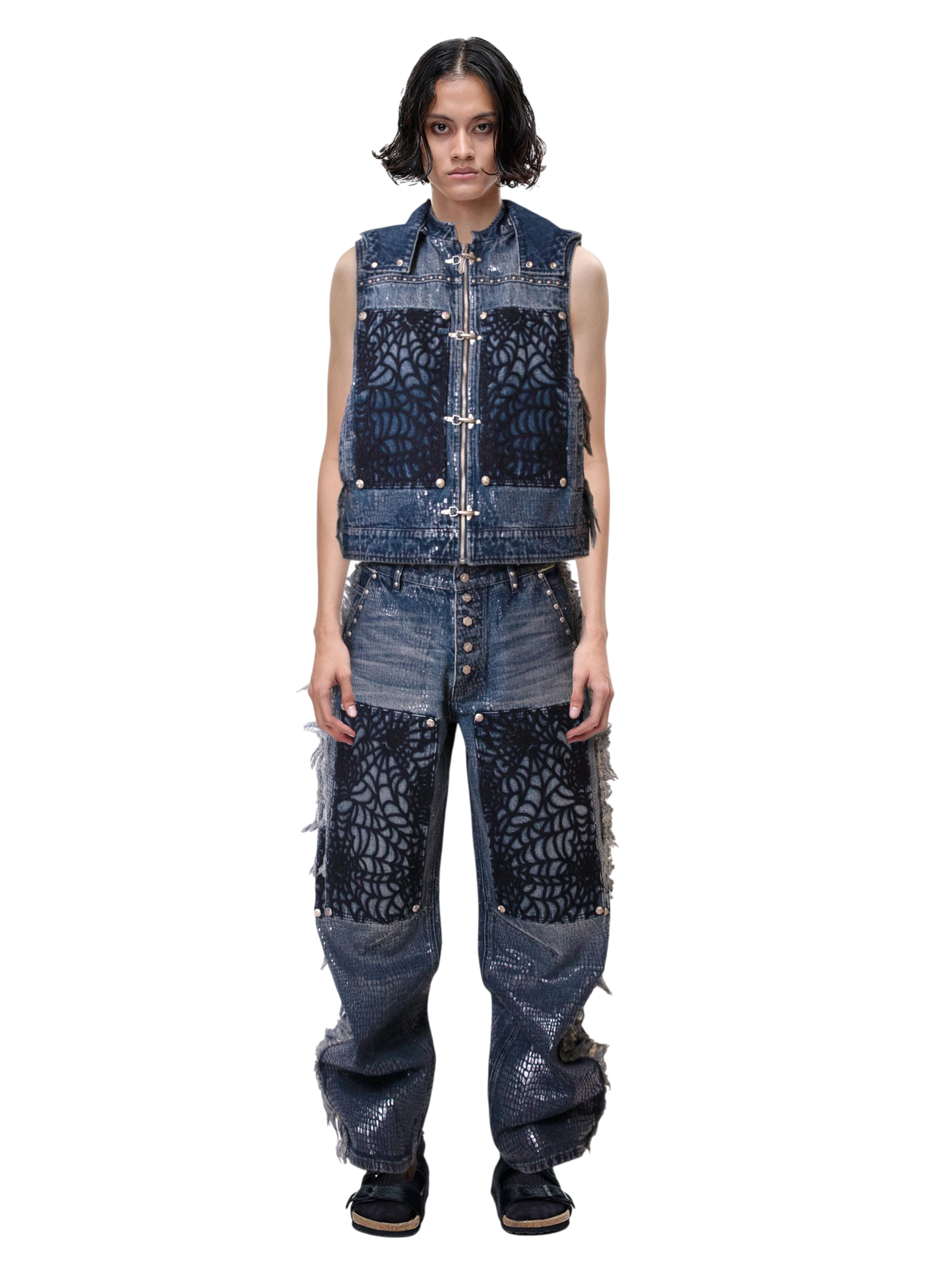 TBHNP Luminous Dawn cobweb distressed denim vest — men's streetwear vest