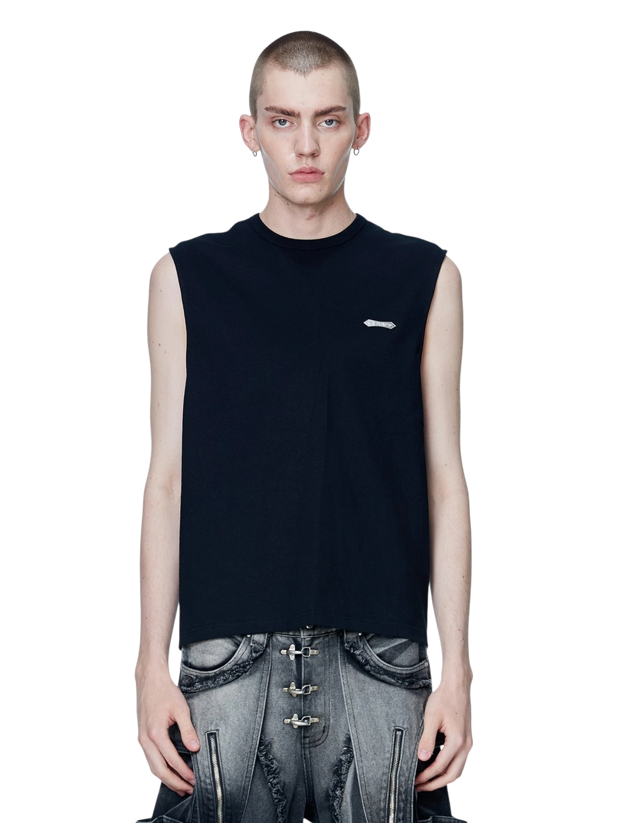 Model wearing TBHNP black Astral Logo Shadowbat vest, front — men's streetwear sleeveless tee