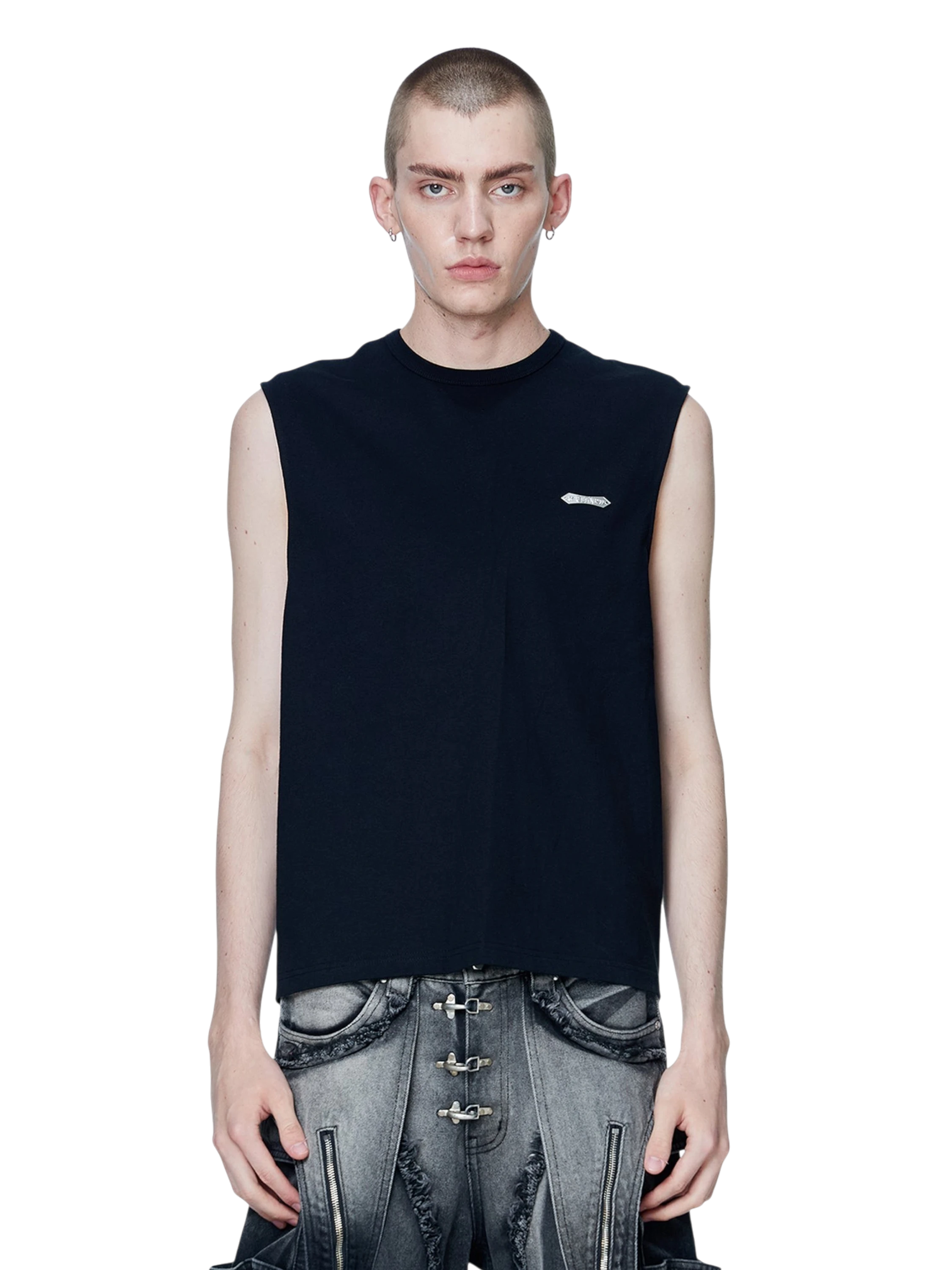 Model wearing TBHNP black Astral Logo Shadowbat vest, front — men's streetwear sleeveless tee