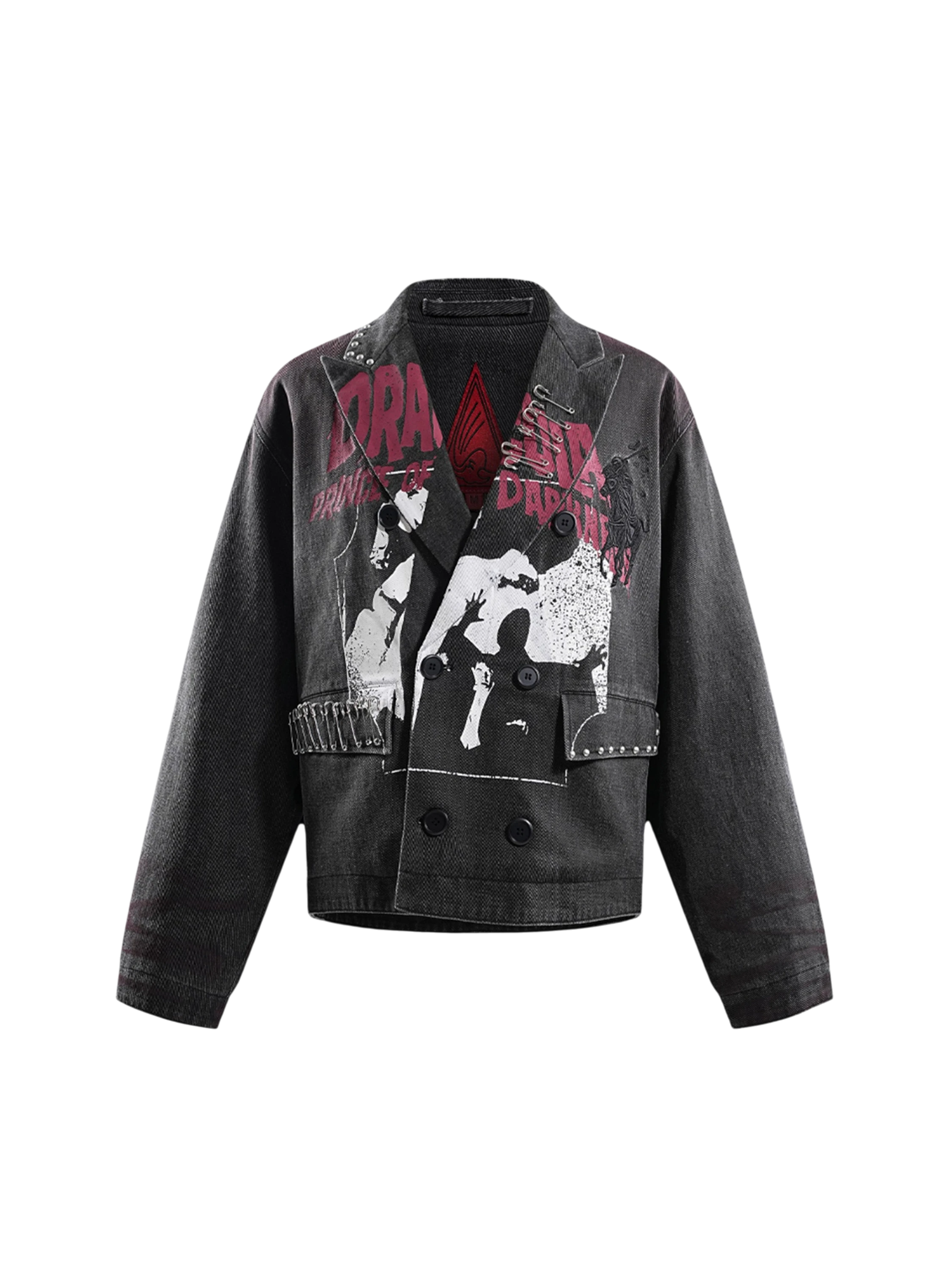 TBHNP Prince of Darkness spray-painted blazer in black with front graphic, front view — men's streetwear blazer