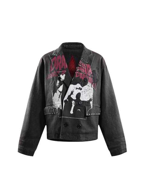 TBHNP Prince of Darkness spray-painted blazer in black with front graphic, front view — men's streetwear blazer