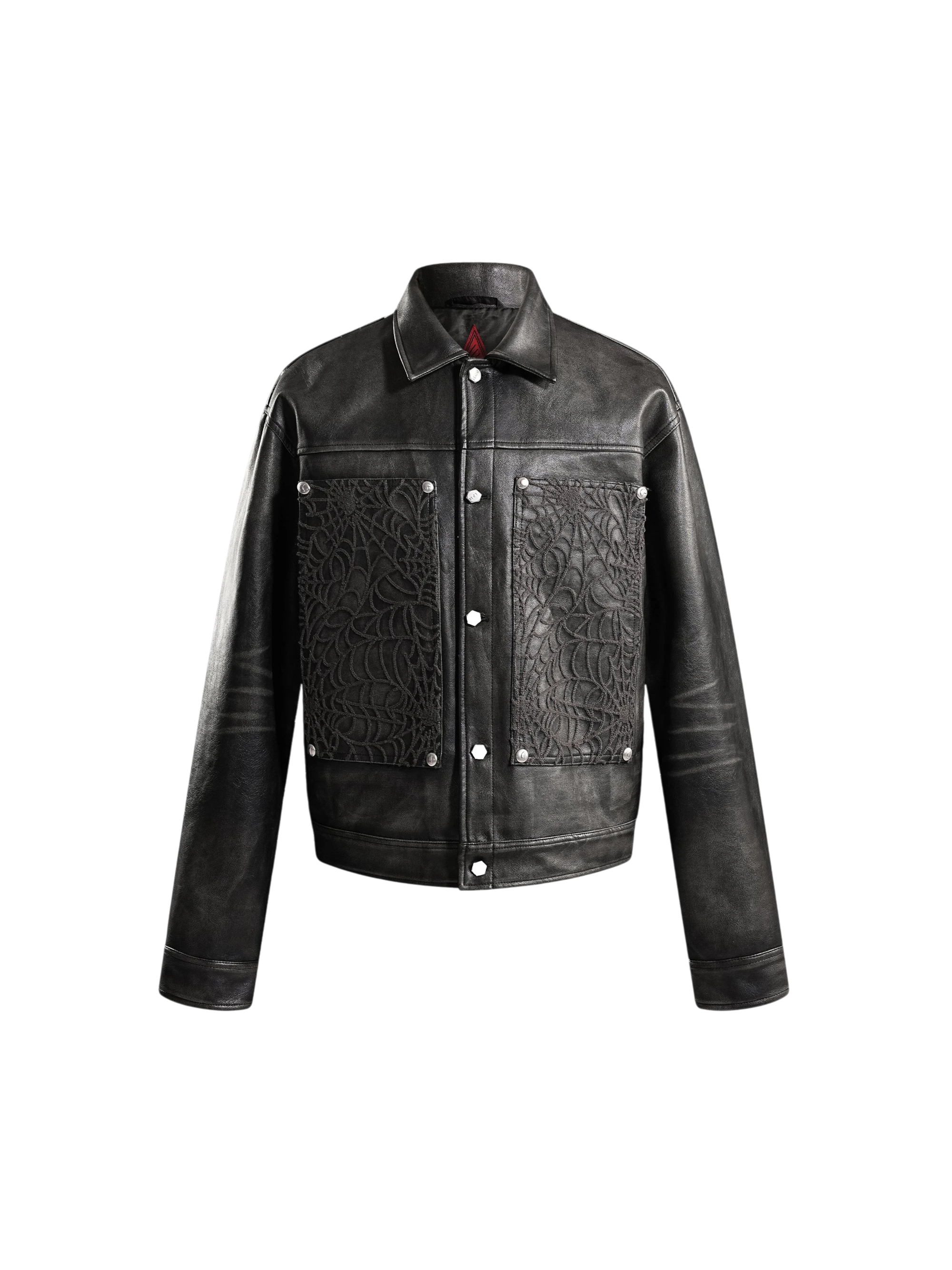 TBHNP Eclipse of the Blood Moon cobweb embroidered faux leather jacket — men's gothic streetwear jacket