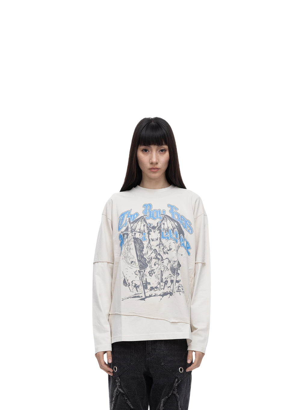Female model wearing TBHNP grayish-yellow knight long-sleeve tee, front — men's streetwear