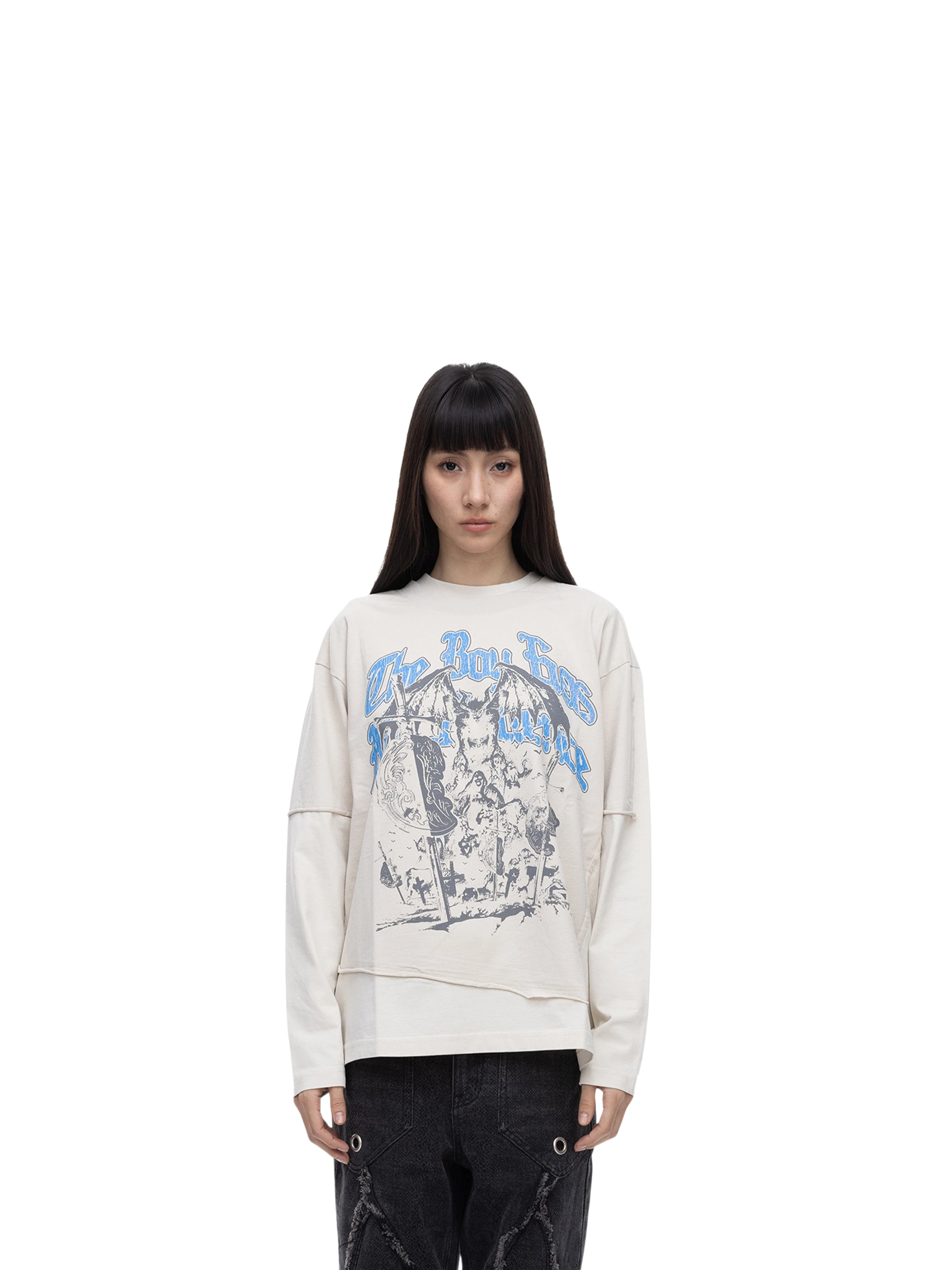 Female model wearing TBHNP grayish-yellow knight long-sleeve tee, front — men's streetwear
