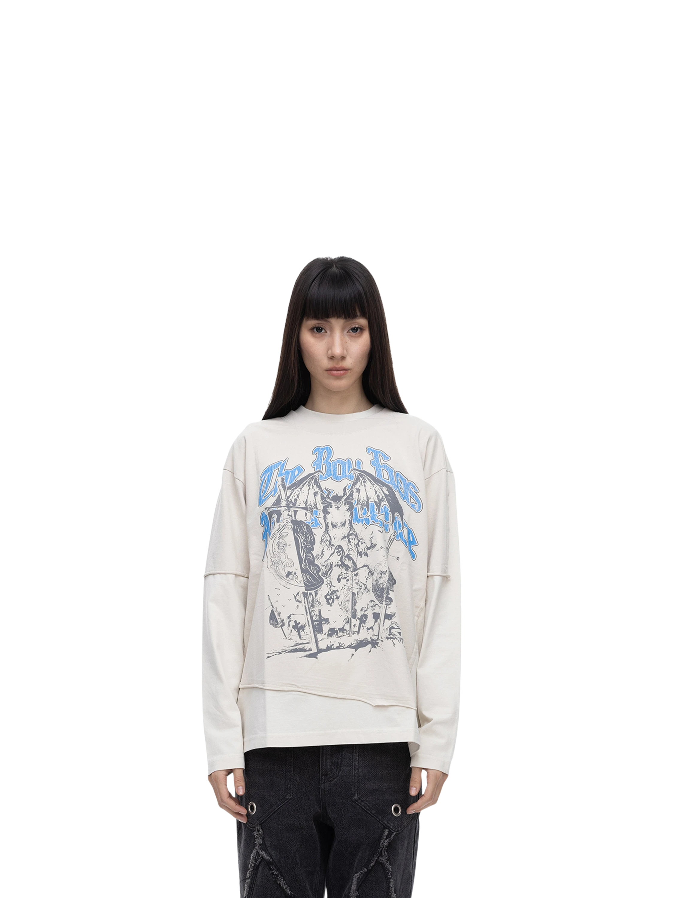 Female model wearing TBHNP grayish-yellow knight long-sleeve tee, front — men's streetwear