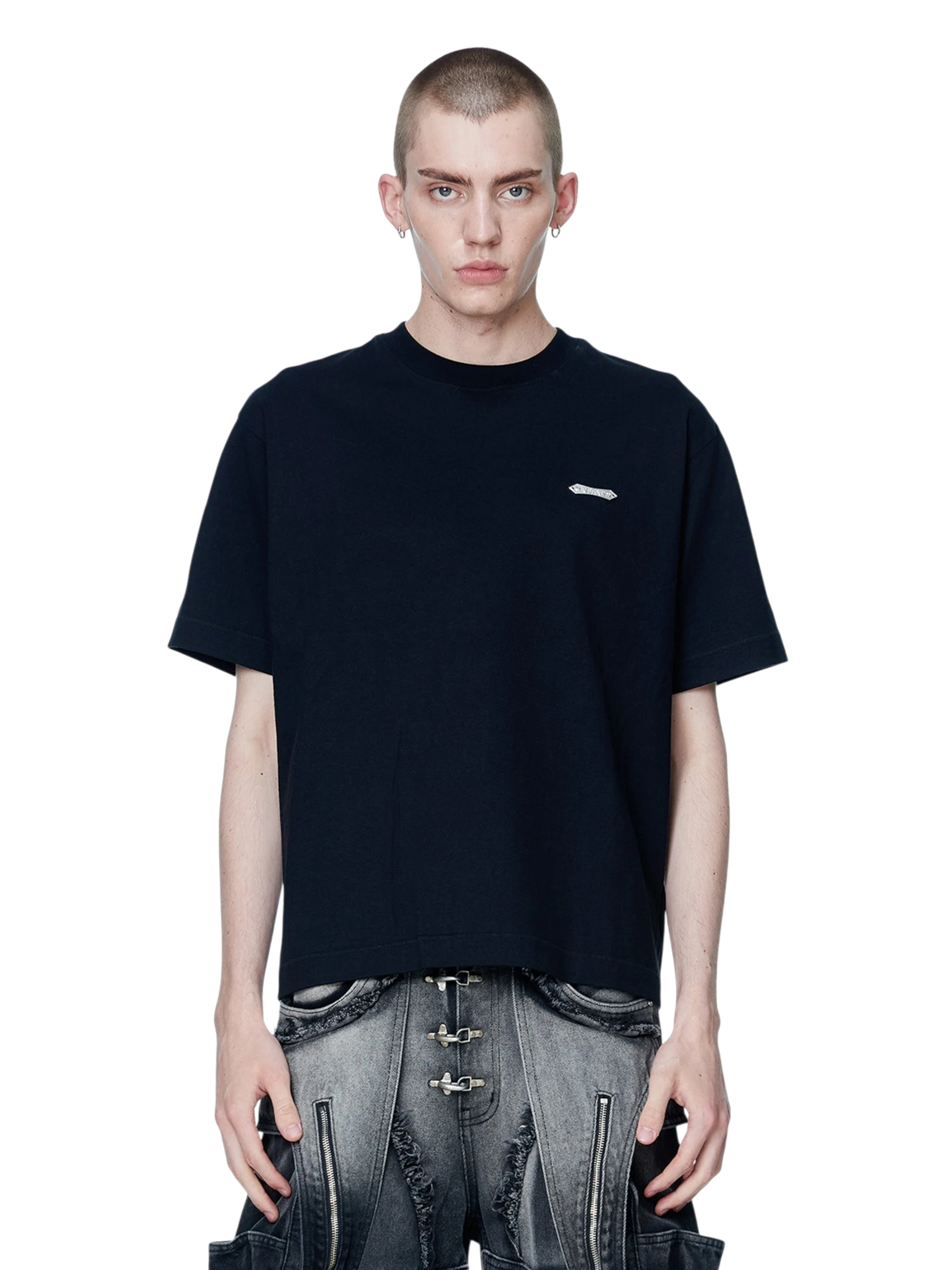 Model wearing TBHNP black Emblem & Shadowbat tee, front — men's streetwear tee