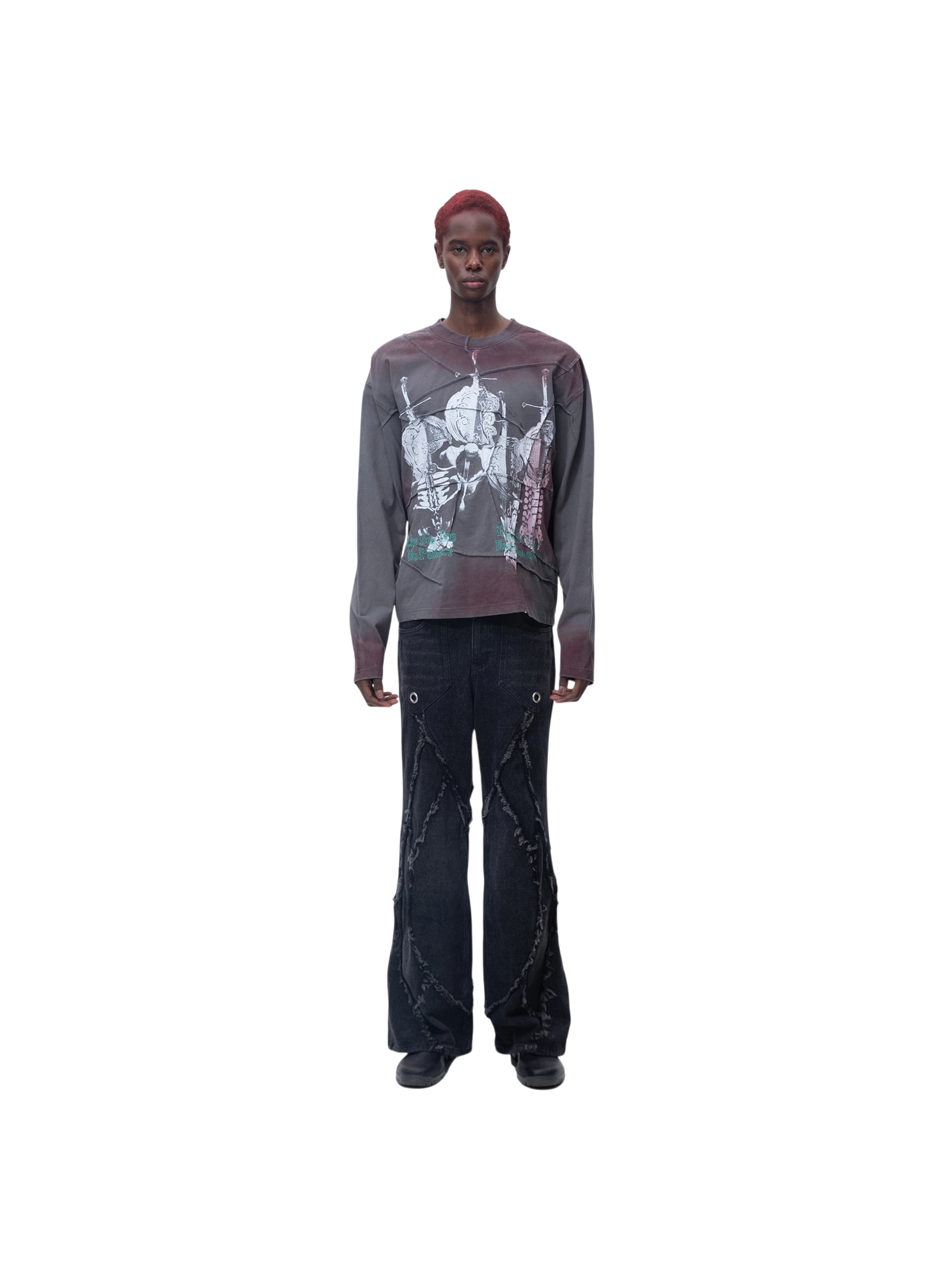 TBHNP black sword-and-bone long-sleeve tee, plain back flat-lay — men's streetwear tee