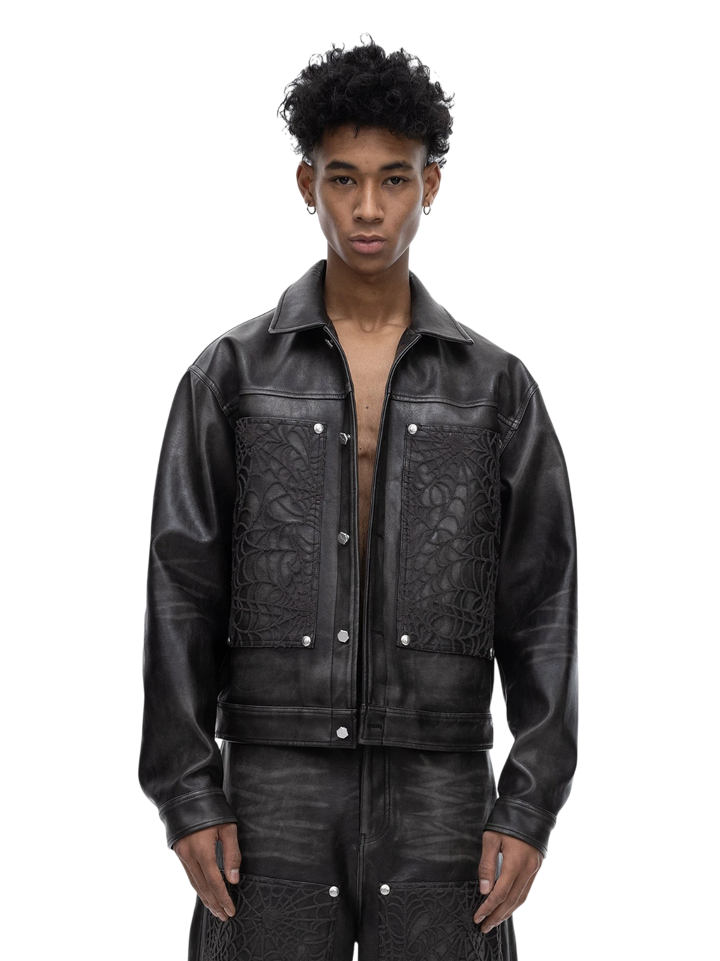 ECLIPSE OF THE BLOOD MOON COBWEB EMBROIDERED FAUX LEATHER JACKET