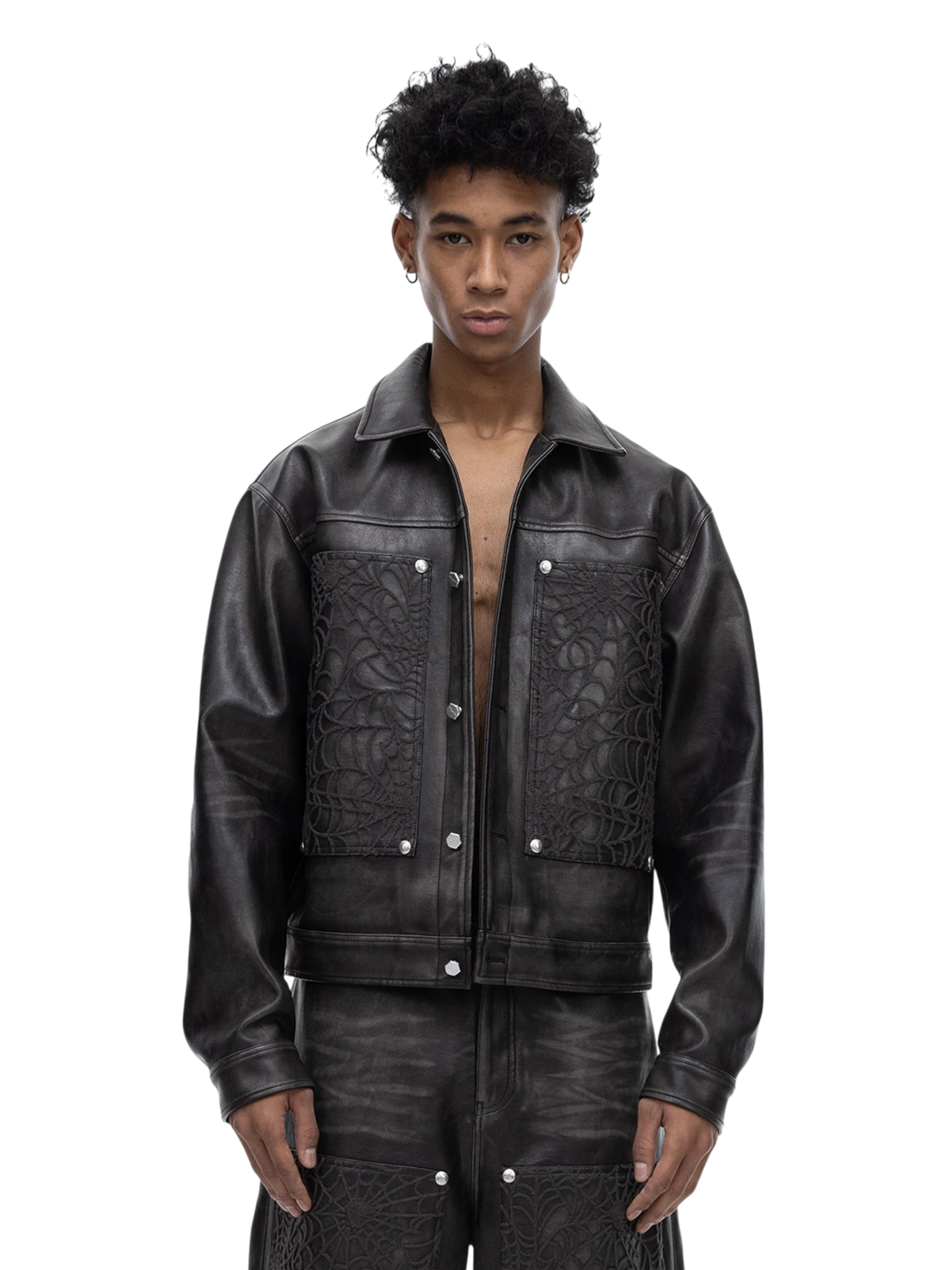 TBHNP Eclipse of the Blood Moon cobweb embroidered faux leather jacket — men's gothic streetwear jacket