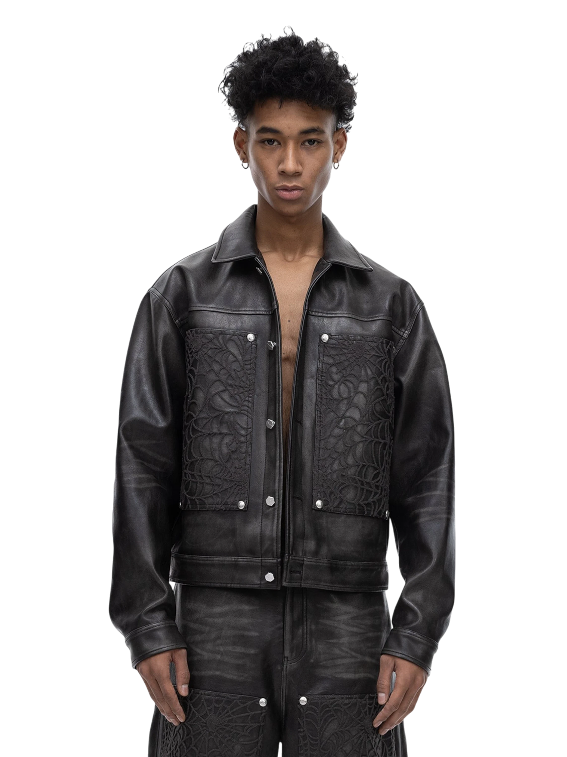TBHNP Eclipse of the Blood Moon cobweb embroidered faux leather jacket — men's gothic streetwear jacket