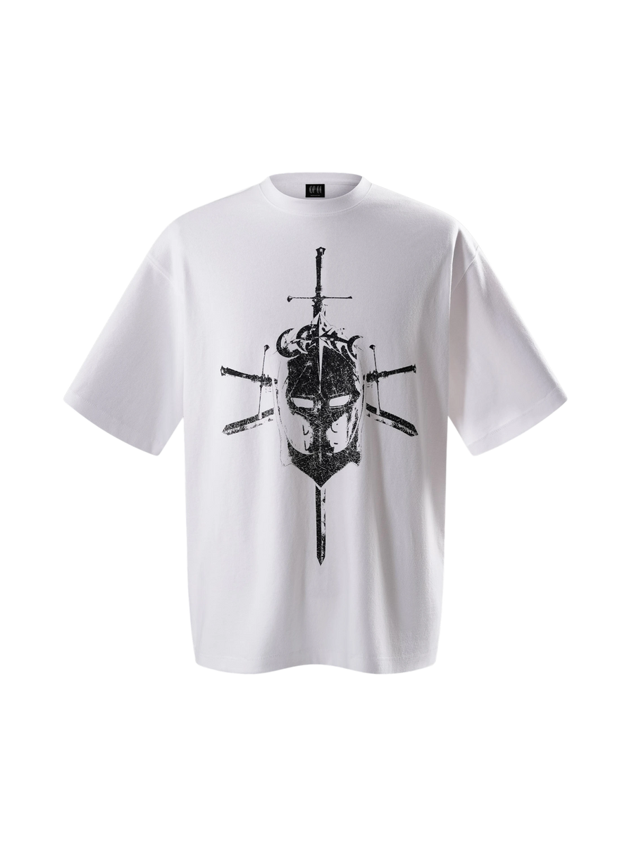 TBHNP Luminous Dawn Knight & Sword tee in white, front flat-lay — men's streetwear tee