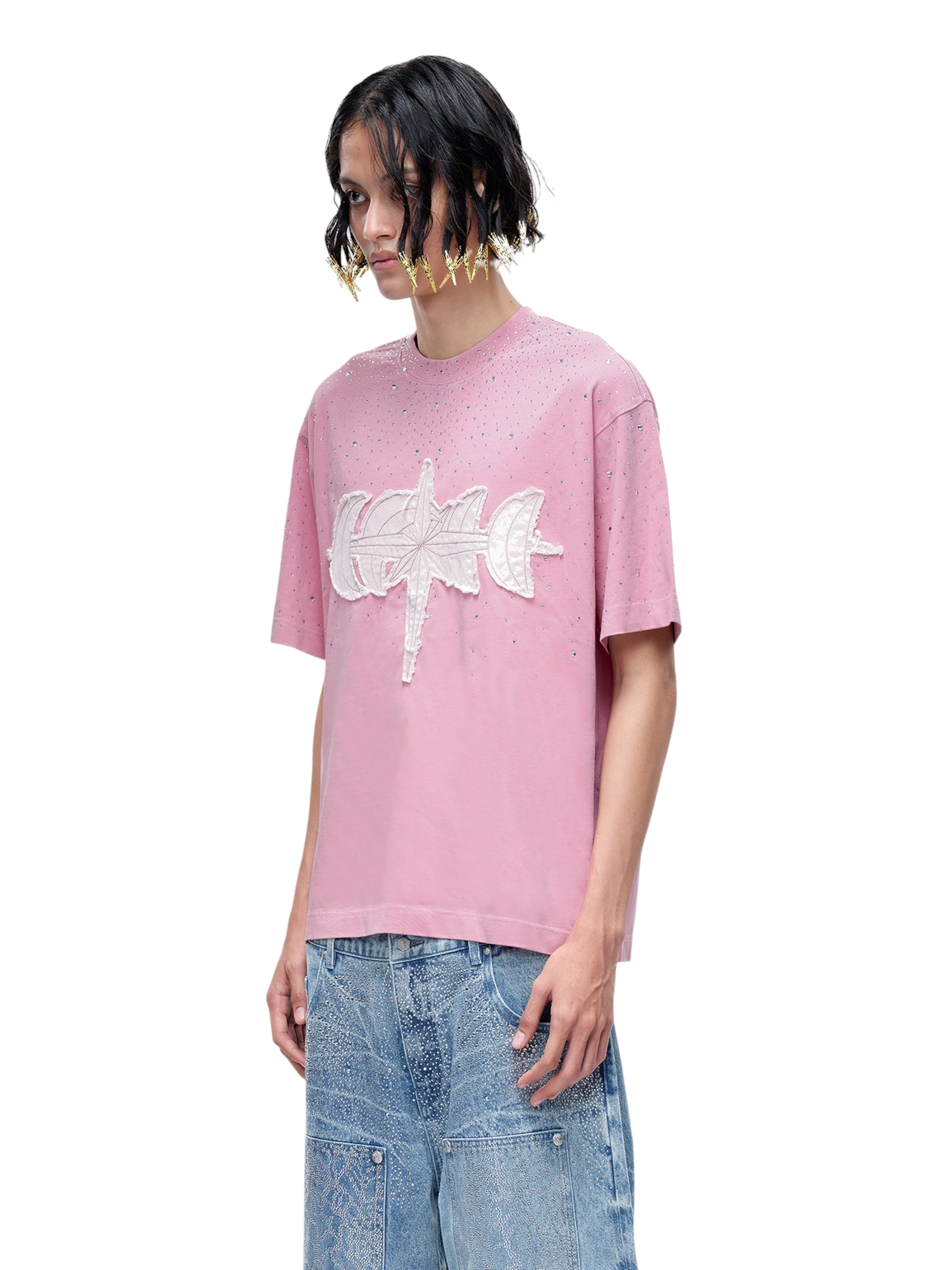 TBHNP Luminous Dawn washed boxy cotton t-shirt with rhinestones and patch embroidery — men's streetwear graphic tee