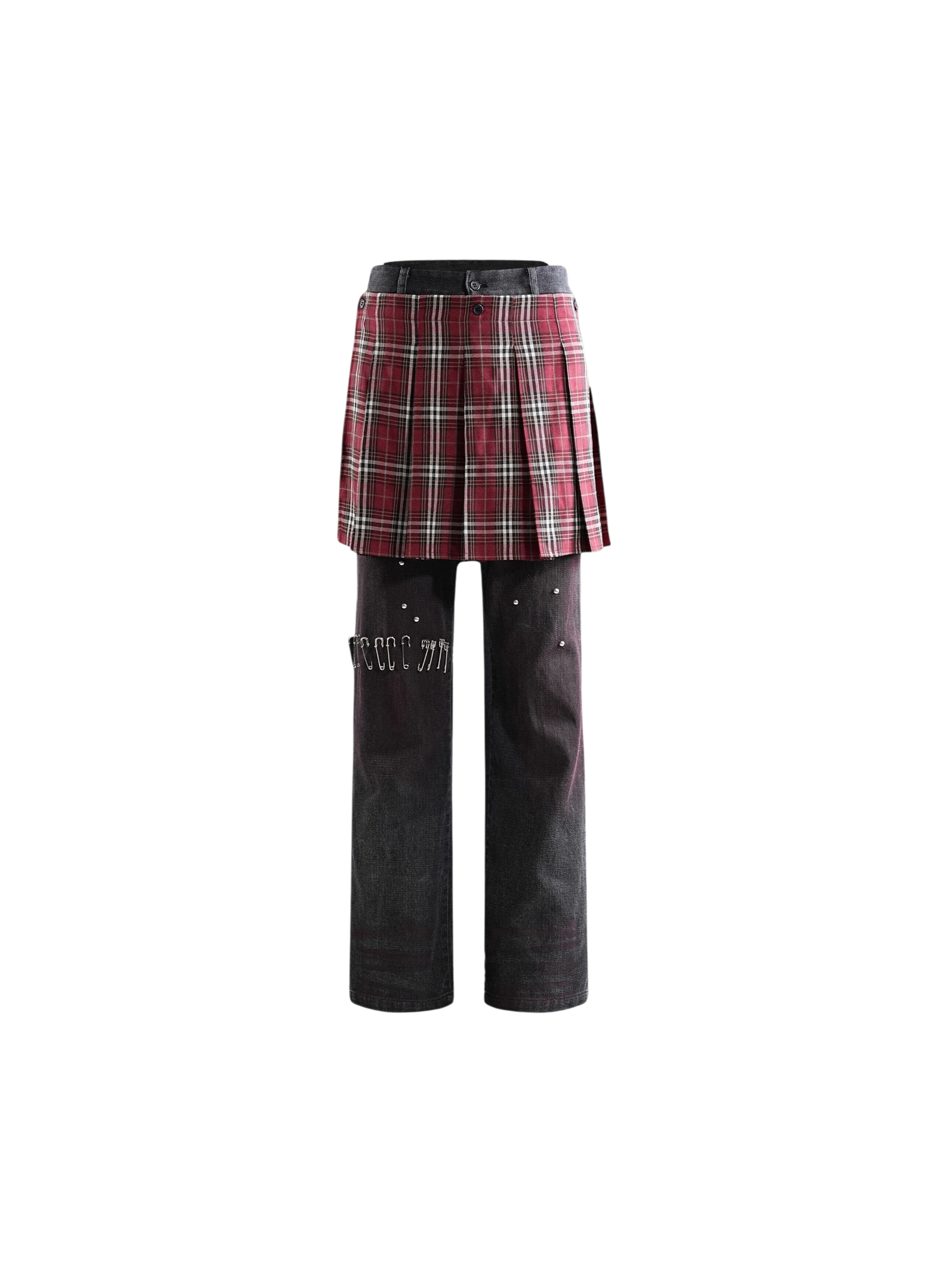 TBHNP Prince of Darkness spray-washed trousers with detachable plaid skirt, front flat-lay — men's streetwear pants