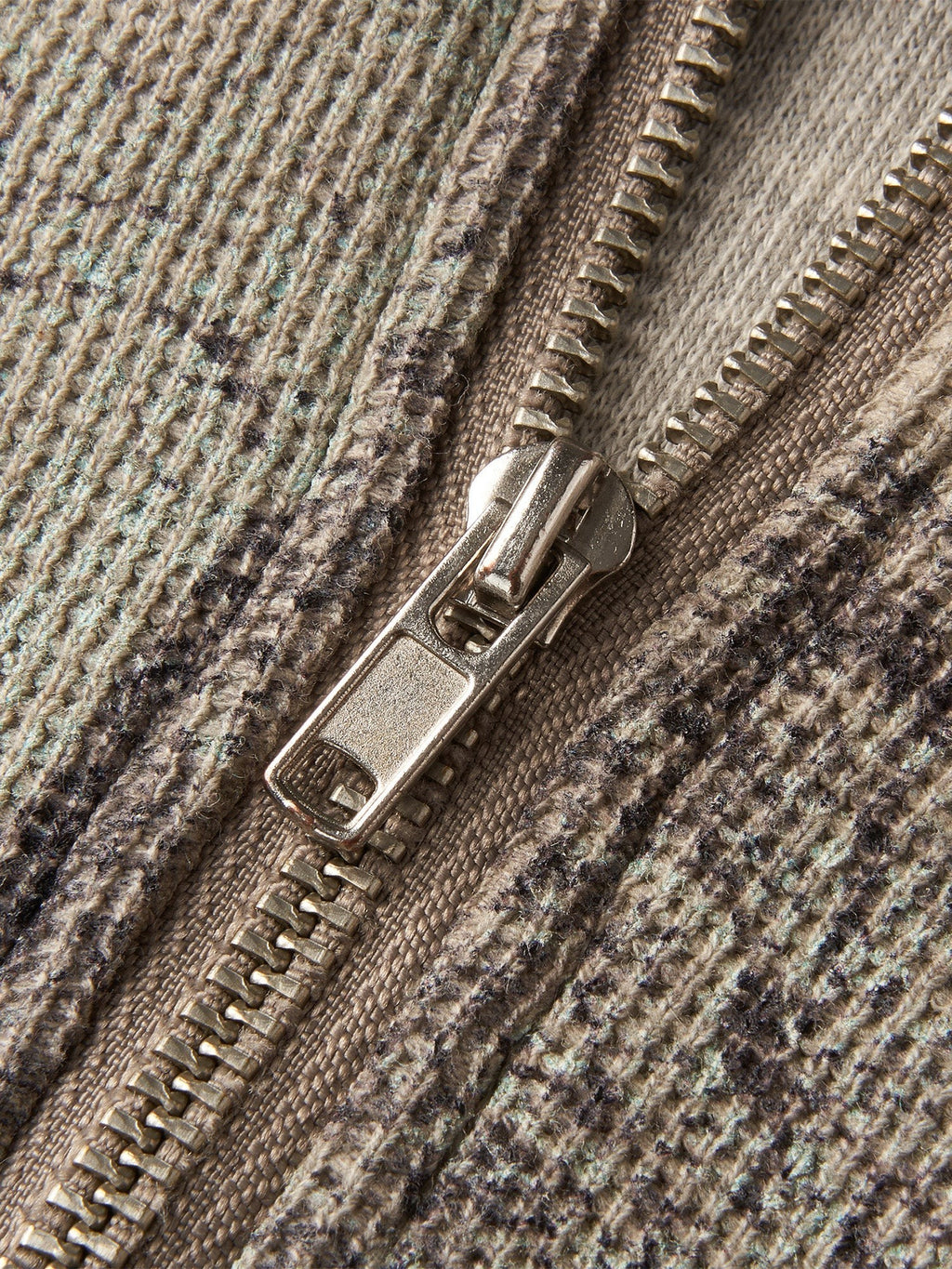 Close-up of the half-zip henley collar on TBHNP grey waffle-knit long-sleeve tee — men's streetwear detail