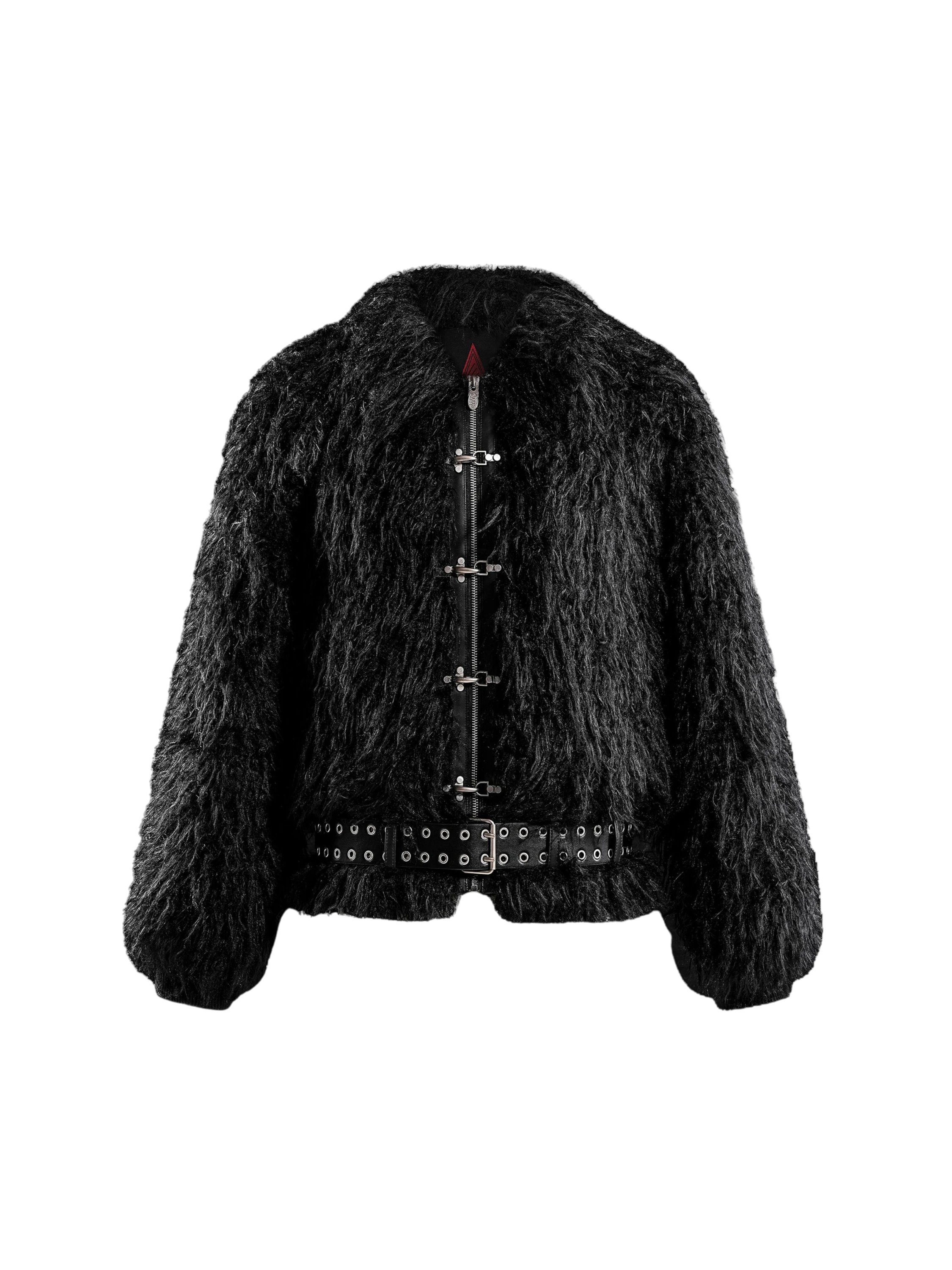 TBHNP Eclipse of the Blood Moon faux-fur bomber jacket in black, front flat-lay — men's streetwear jacket