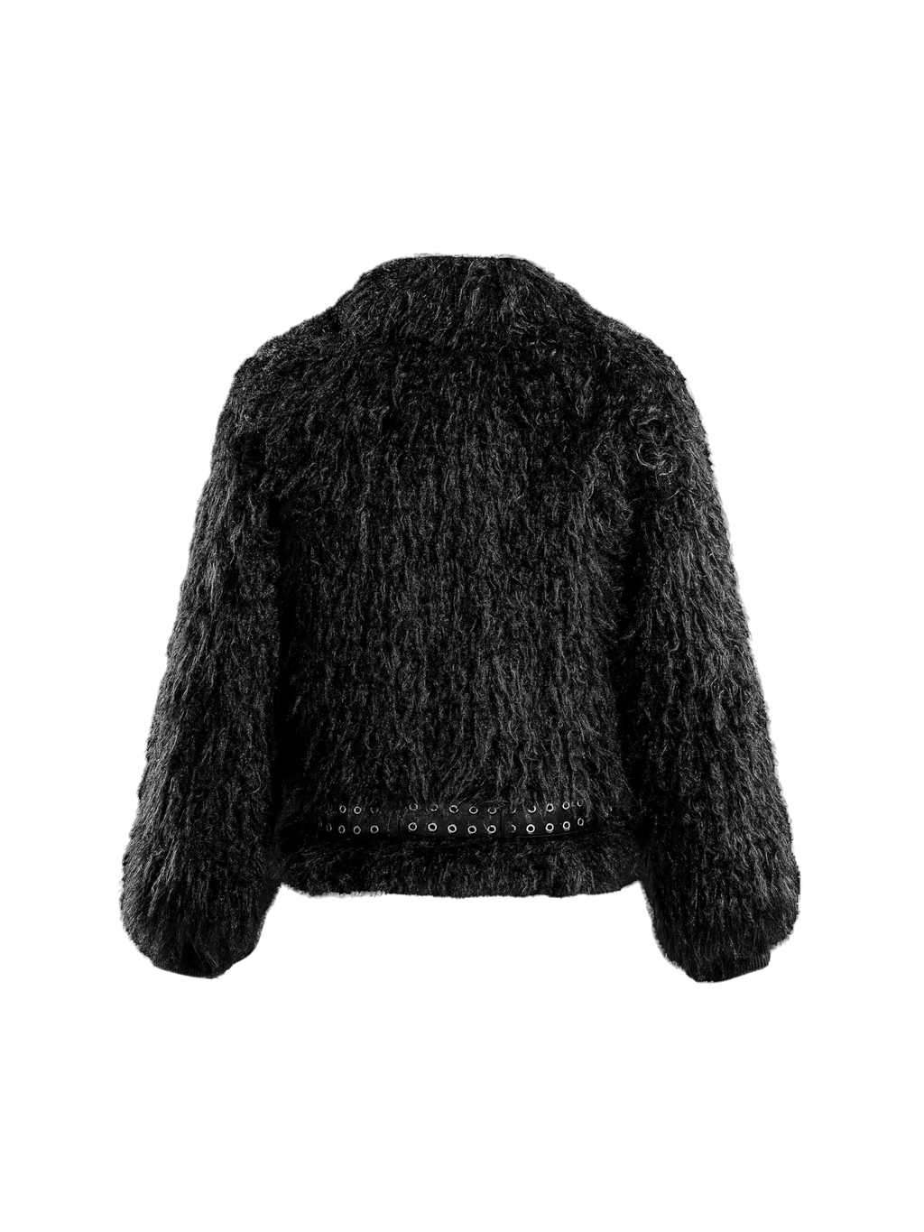 TBHNP black faux-fur bomber jacket, back flat-lay — men's streetwear jacket