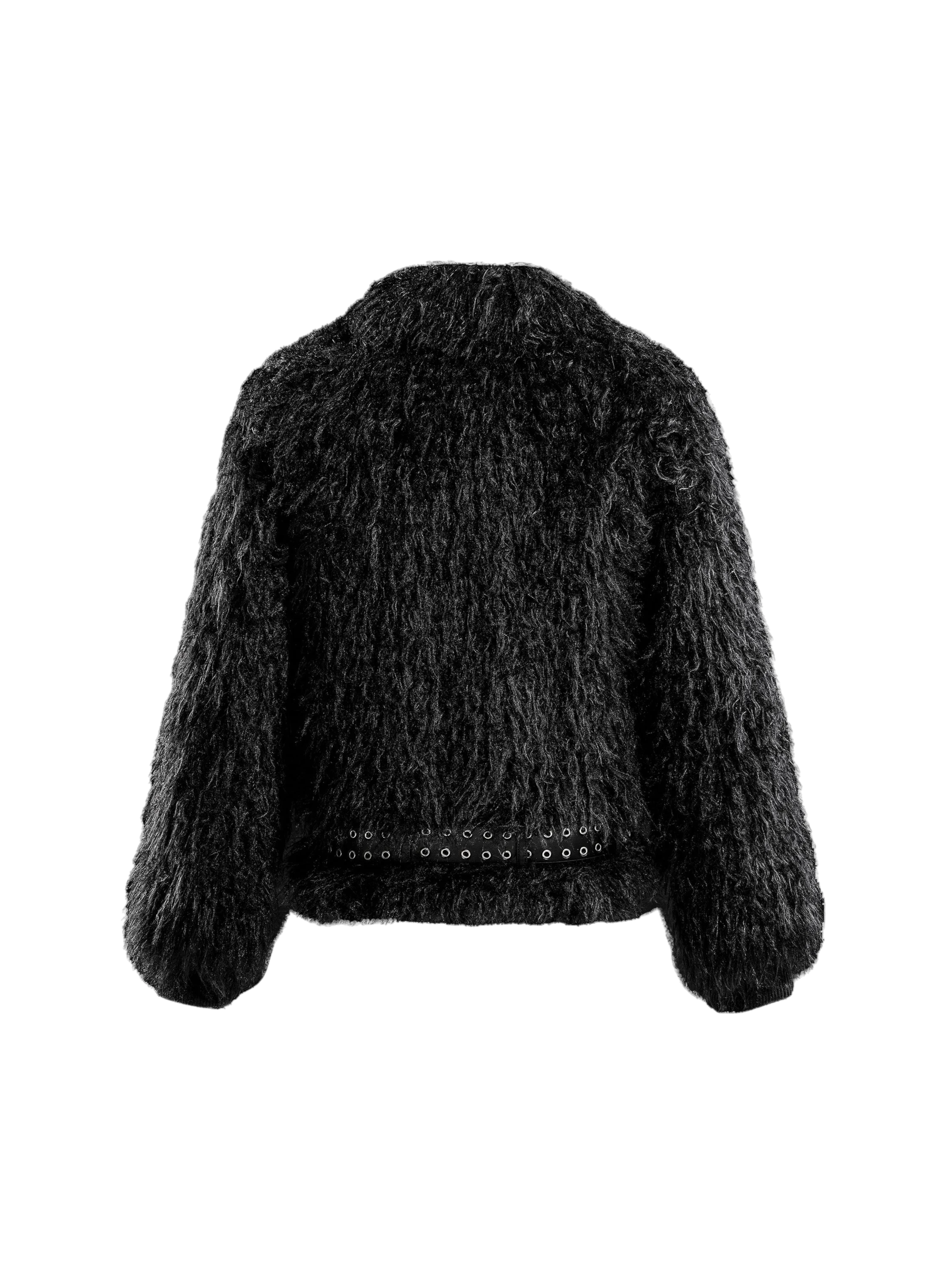 TBHNP black faux-fur bomber jacket, back flat-lay — men's streetwear jacket