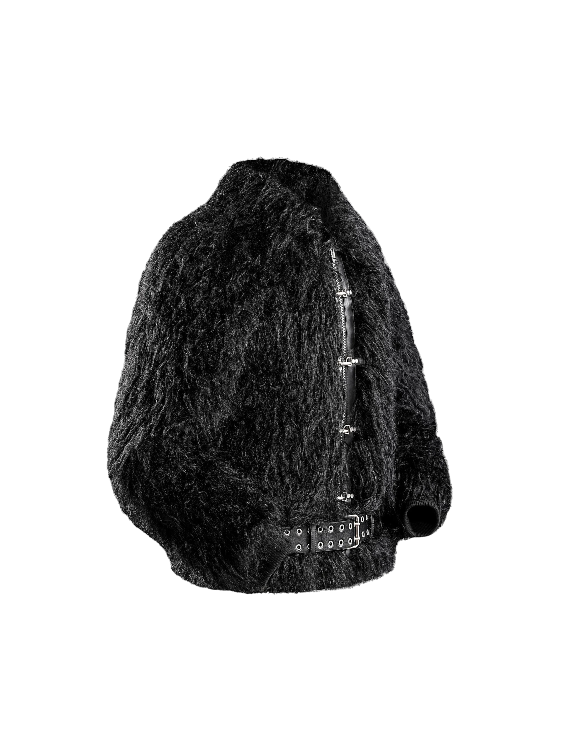 TBHNP Eclipse faux-fur bomber jacket, side flat-lay in black — men's streetwear jacket