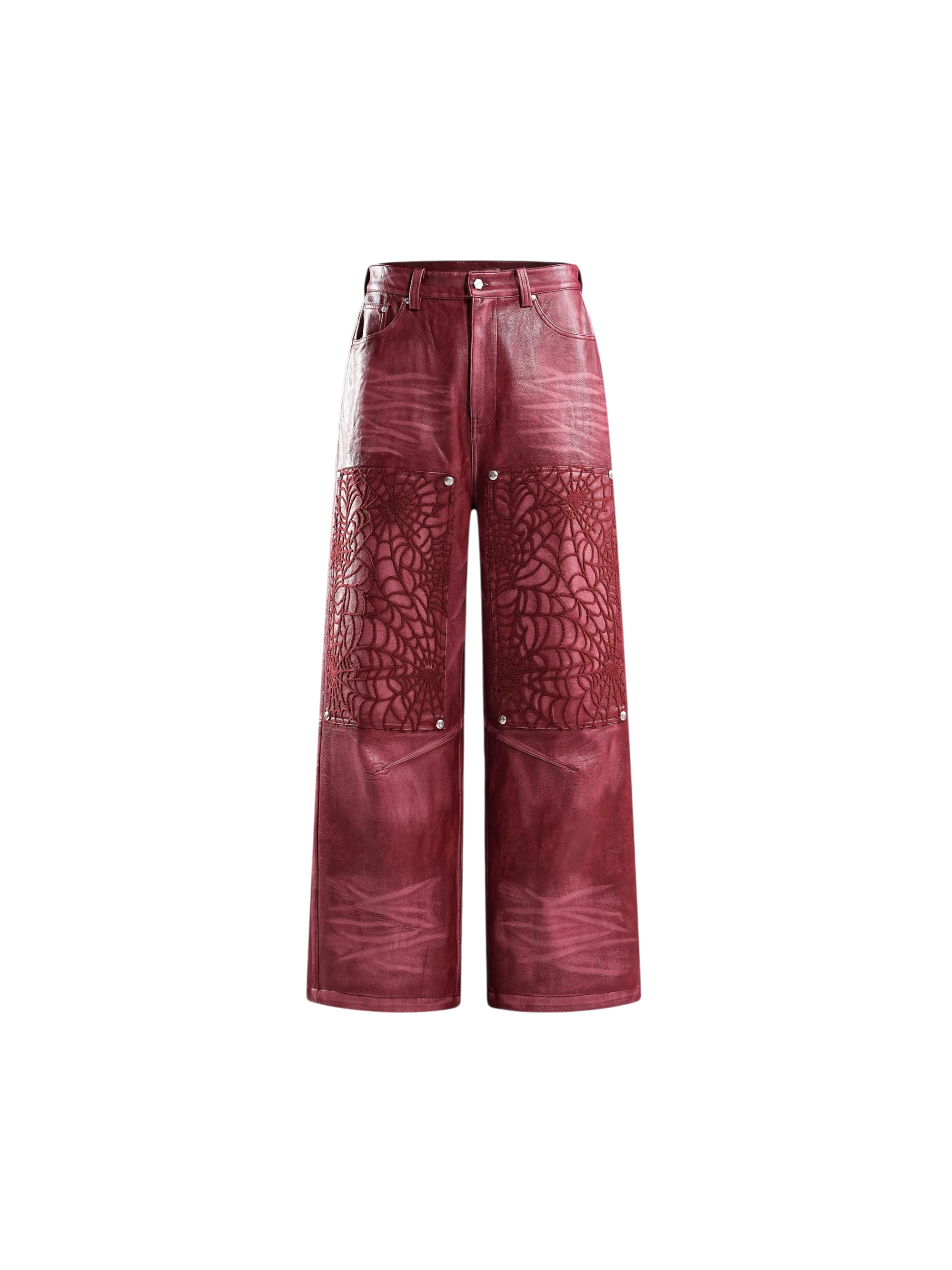TBHNP Eclipse of the Blood Moon cobweb embroidered faux leather pants — men's gothic streetwear trousers