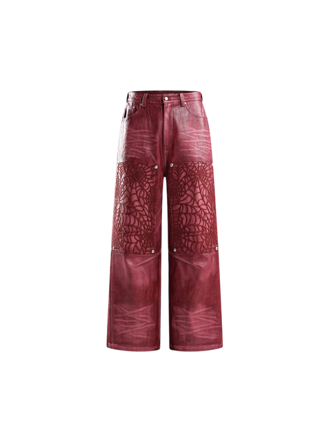 TBHNP Eclipse of the Blood Moon cobweb embroidered faux leather pants — men's gothic streetwear trousers