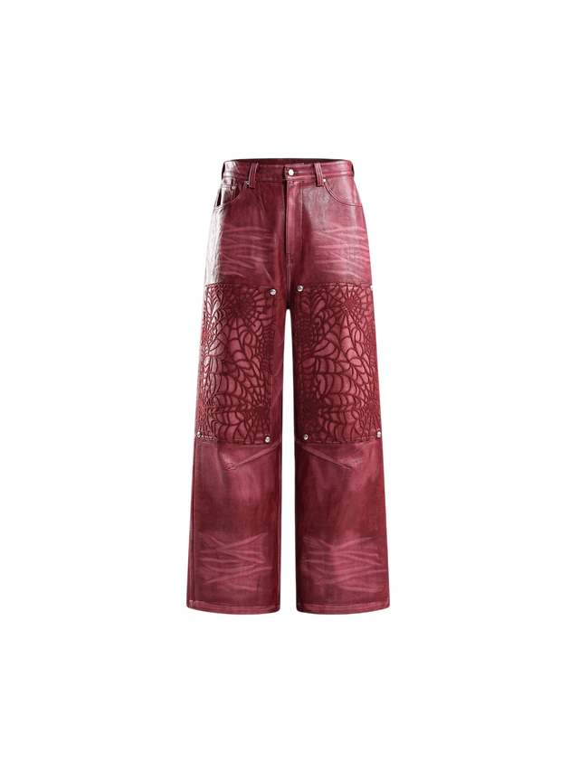 COBWEB EMBROIDERED FAUX LEATHER PANTS