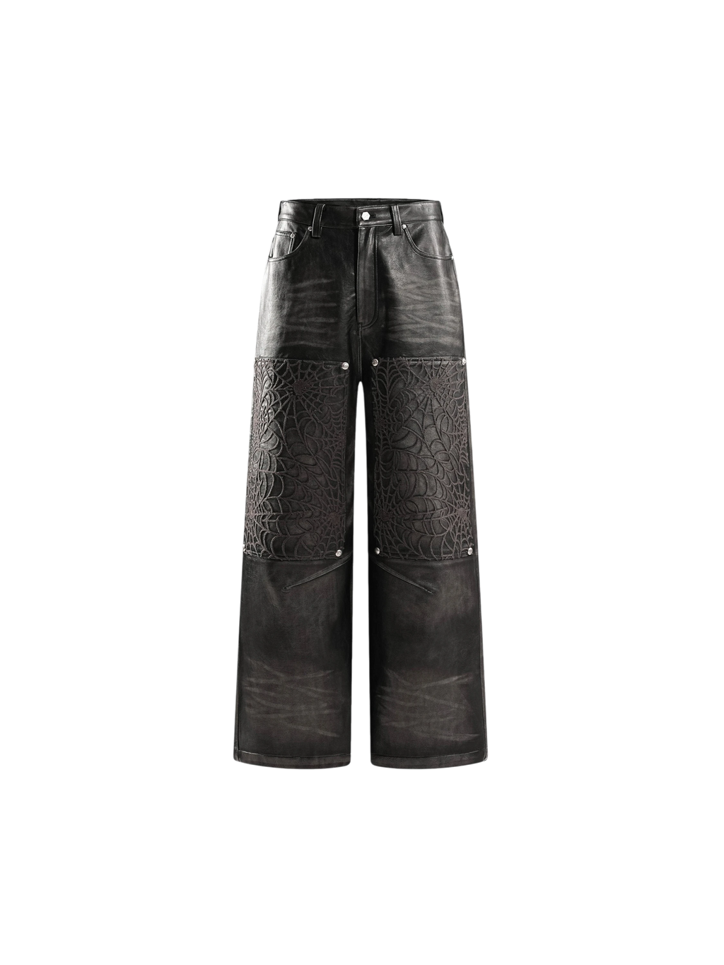 ECLIPSE OF THE BLOOD MOON COBWEB EMBROIDERED FAUX LEATHER PANTS