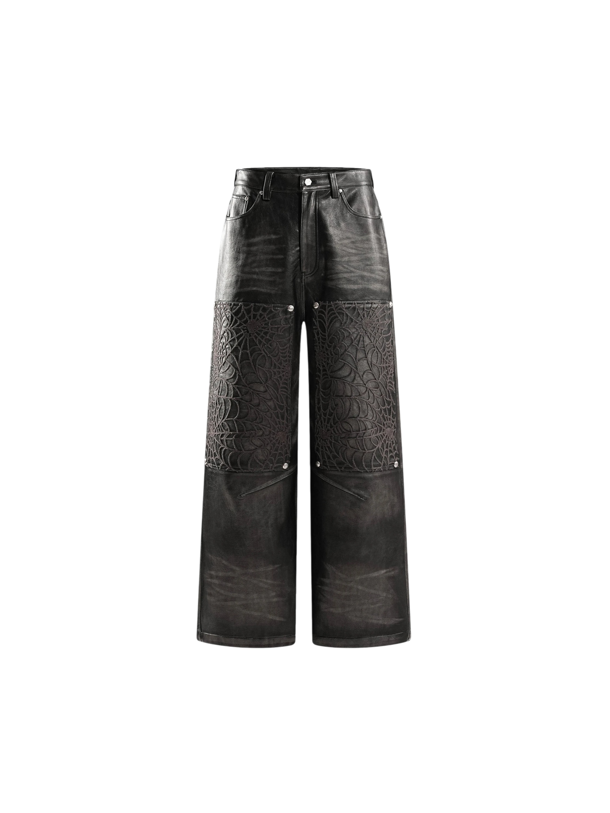 TBHNP Eclipse of the Blood Moon cobweb embroidered faux leather pants — men's gothic streetwear trousers
