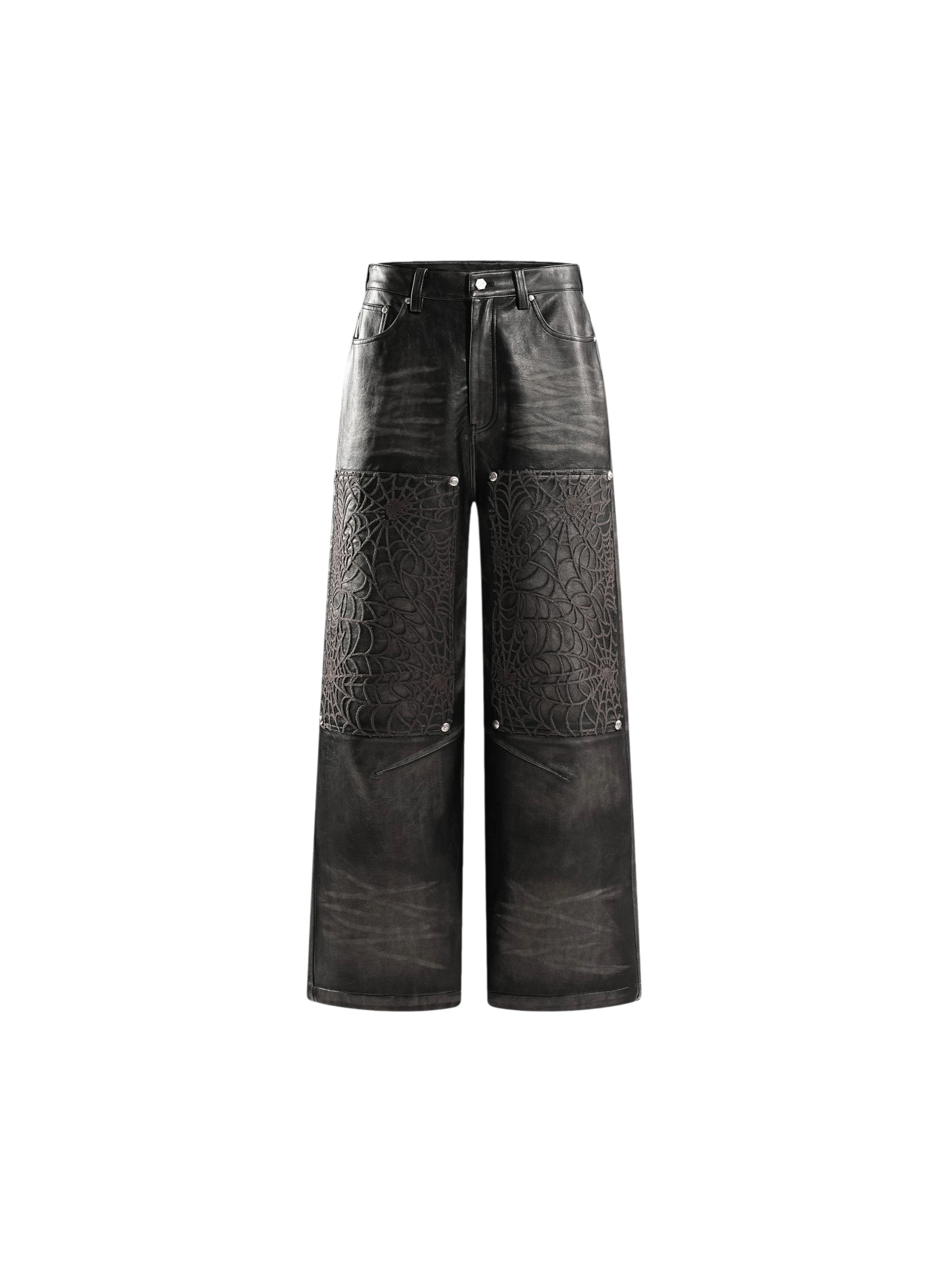 TBHNP Eclipse of the Blood Moon cobweb embroidered faux leather pants — men's gothic streetwear trousers