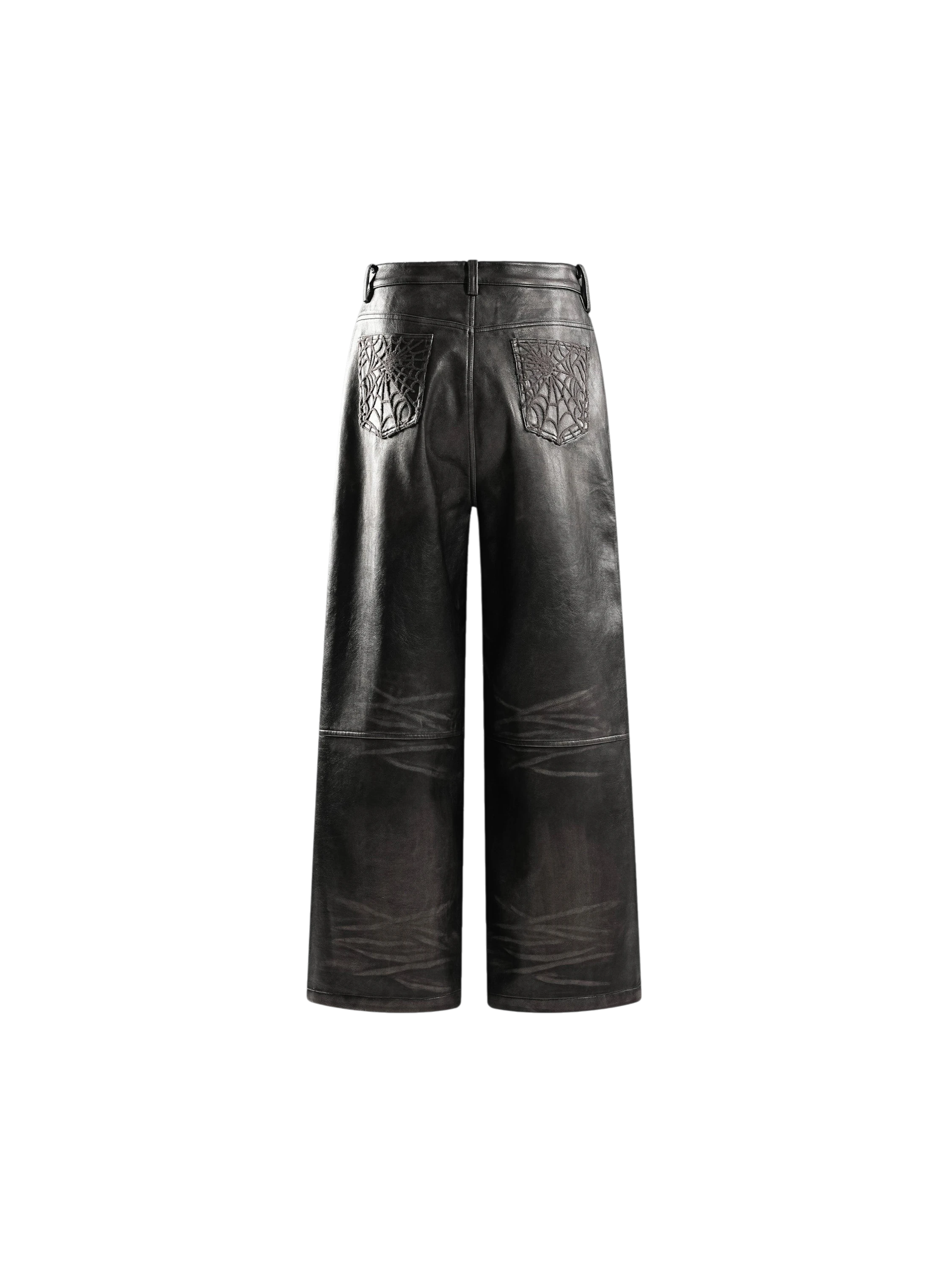 TBHNP Eclipse of the Blood Moon cobweb embroidered faux leather pants — men's gothic streetwear trousers