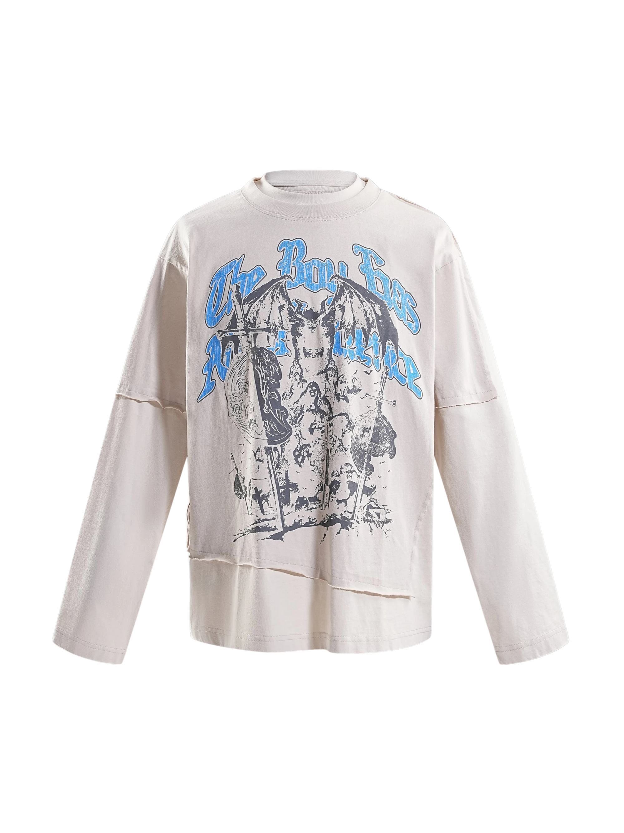 TBHNP arrival knight long-sleeve tee in grayish yellow, front flat-lay — men's streetwear tee