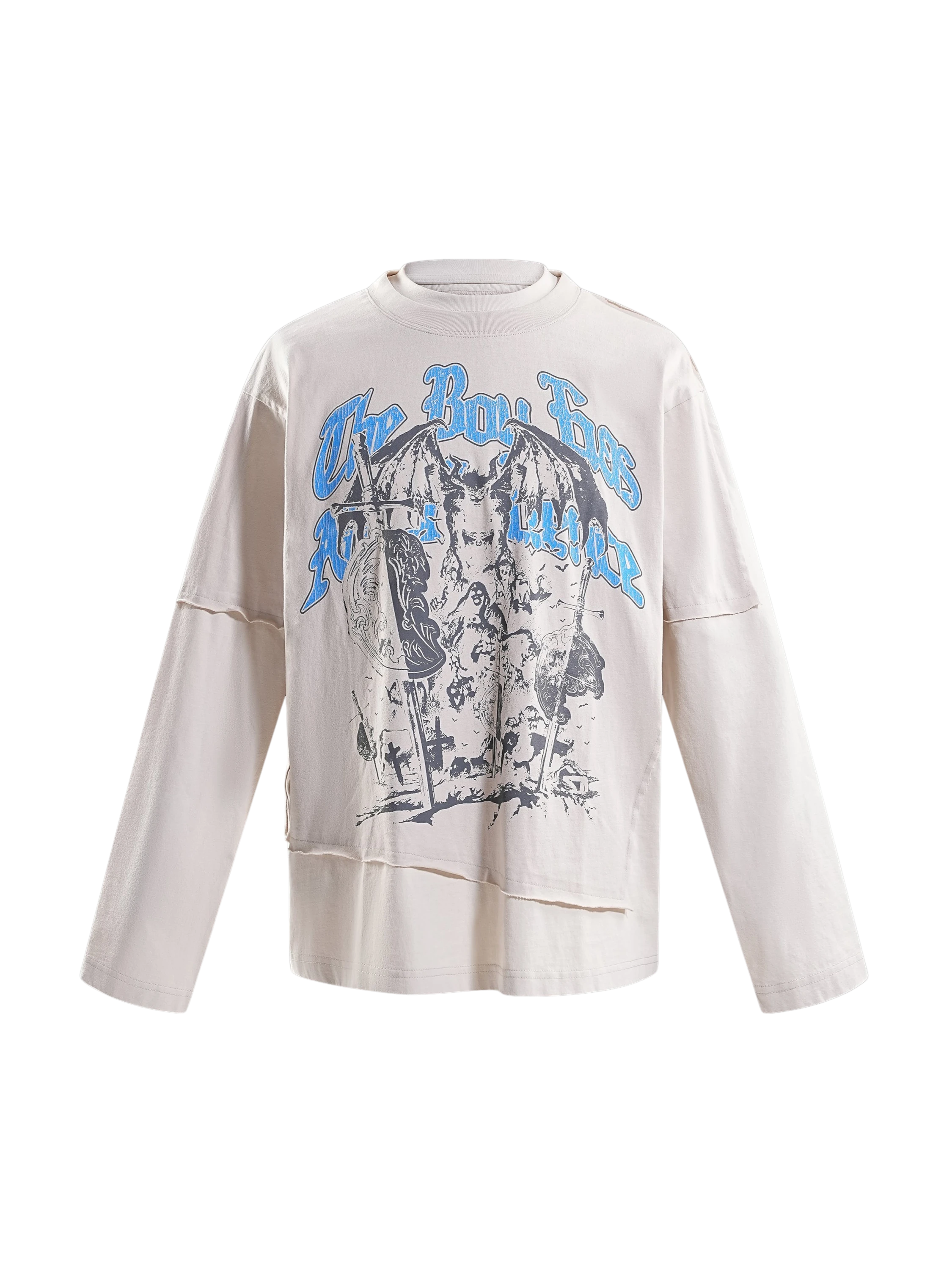 TBHNP arrival knight long-sleeve tee in grayish yellow, front flat-lay — men's streetwear tee