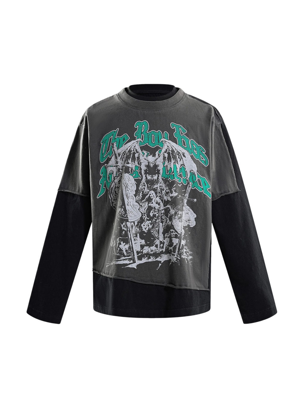TBHNP Eclipse of the Blood Moon arrival knight long-sleeve tee in black, front flat-lay — men's streetwear tee