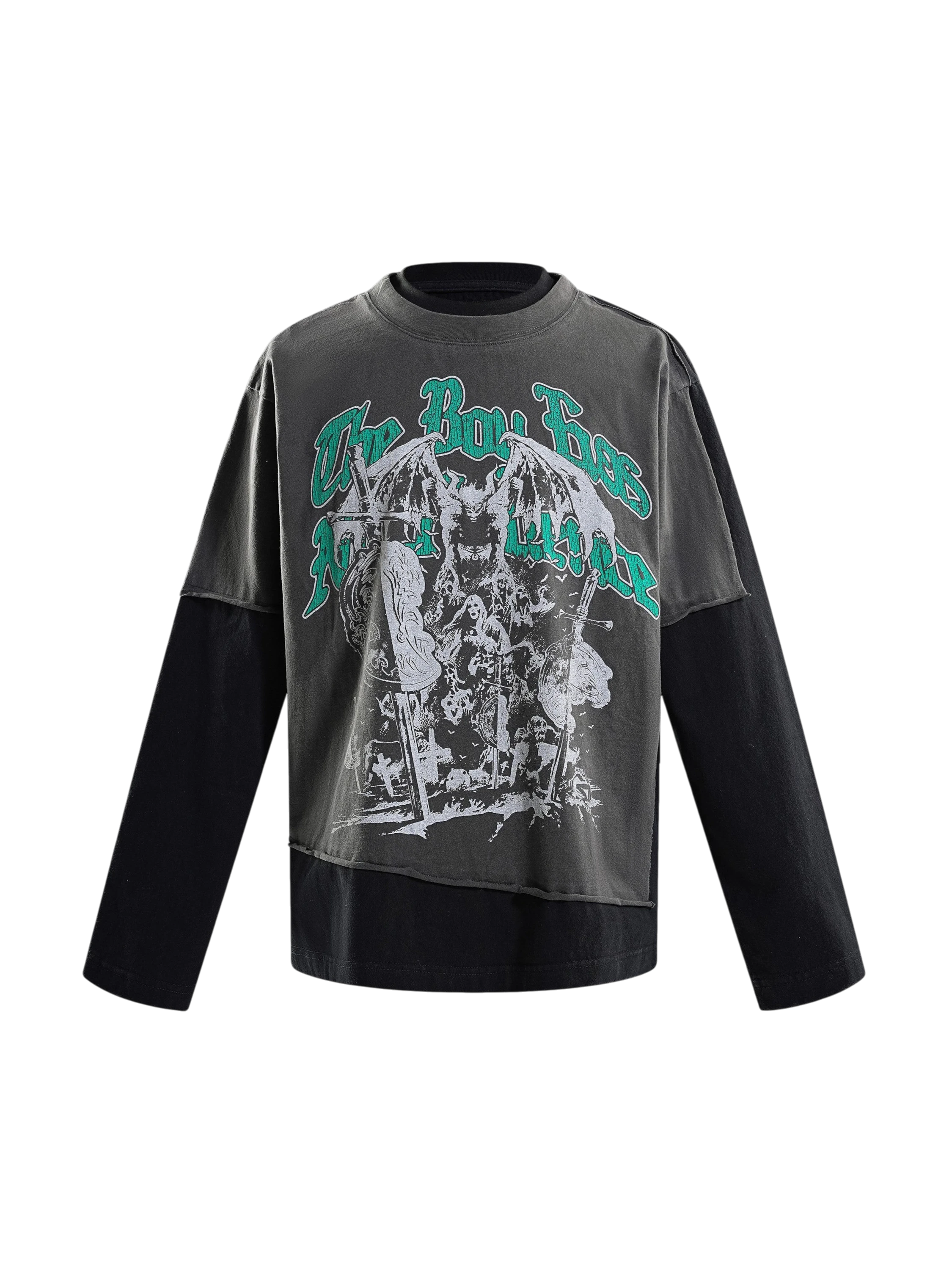 TBHNP Eclipse of the Blood Moon arrival knight long-sleeve tee in black, front flat-lay — men's streetwear tee